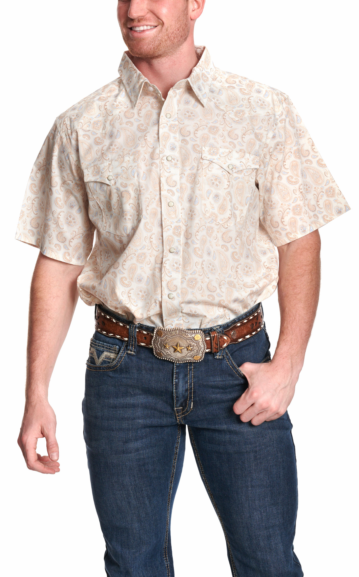 Panhandle Slim Men's Cream & Khaki Paisley Print Short Sleeve Western Shirt - Image 1