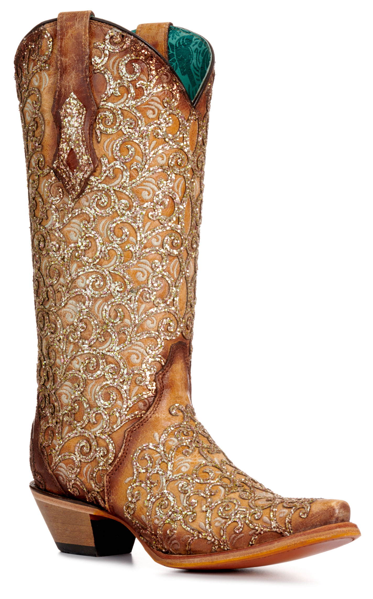 Corral Women's Saddle Tan with Glitter Overlay Snip Toe Cowboy Boots - Image 1