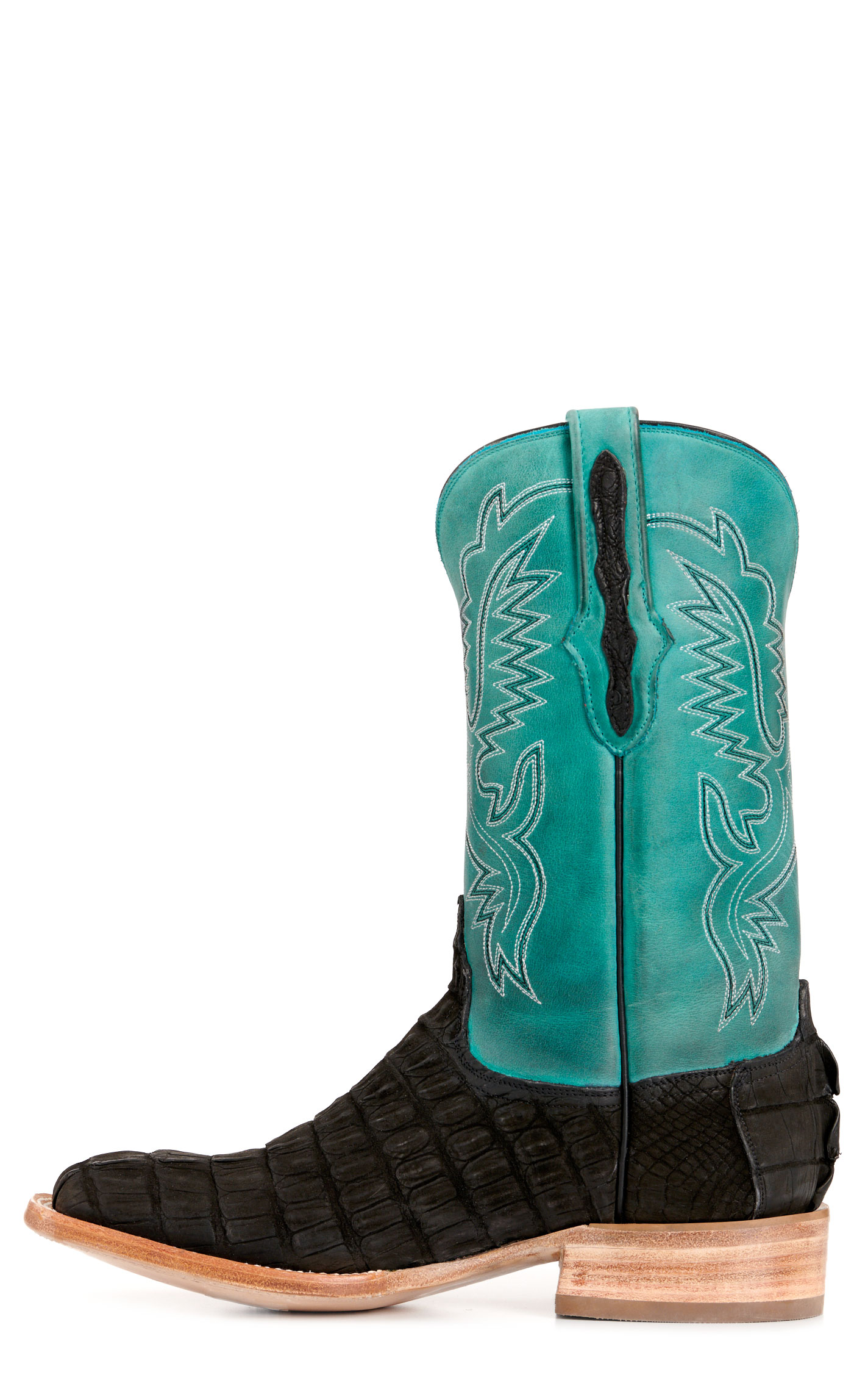 Black Jack Men's Black Sueded Caiman Tail and Seafoam Green Wide Square Toe Exotic Cowboy Boots - Image 1