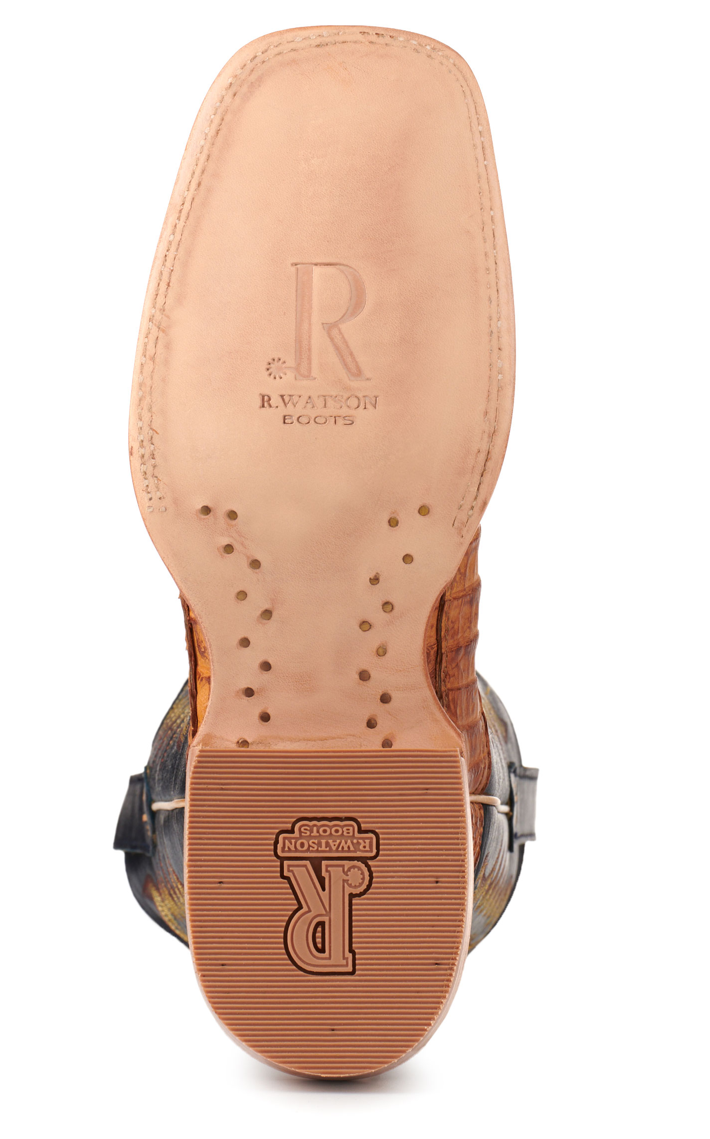 R. Watson Men's Saddle Hornback Caiman Tail and Navy Wide Square Toe Exotic Cowboy Boots - Image 1