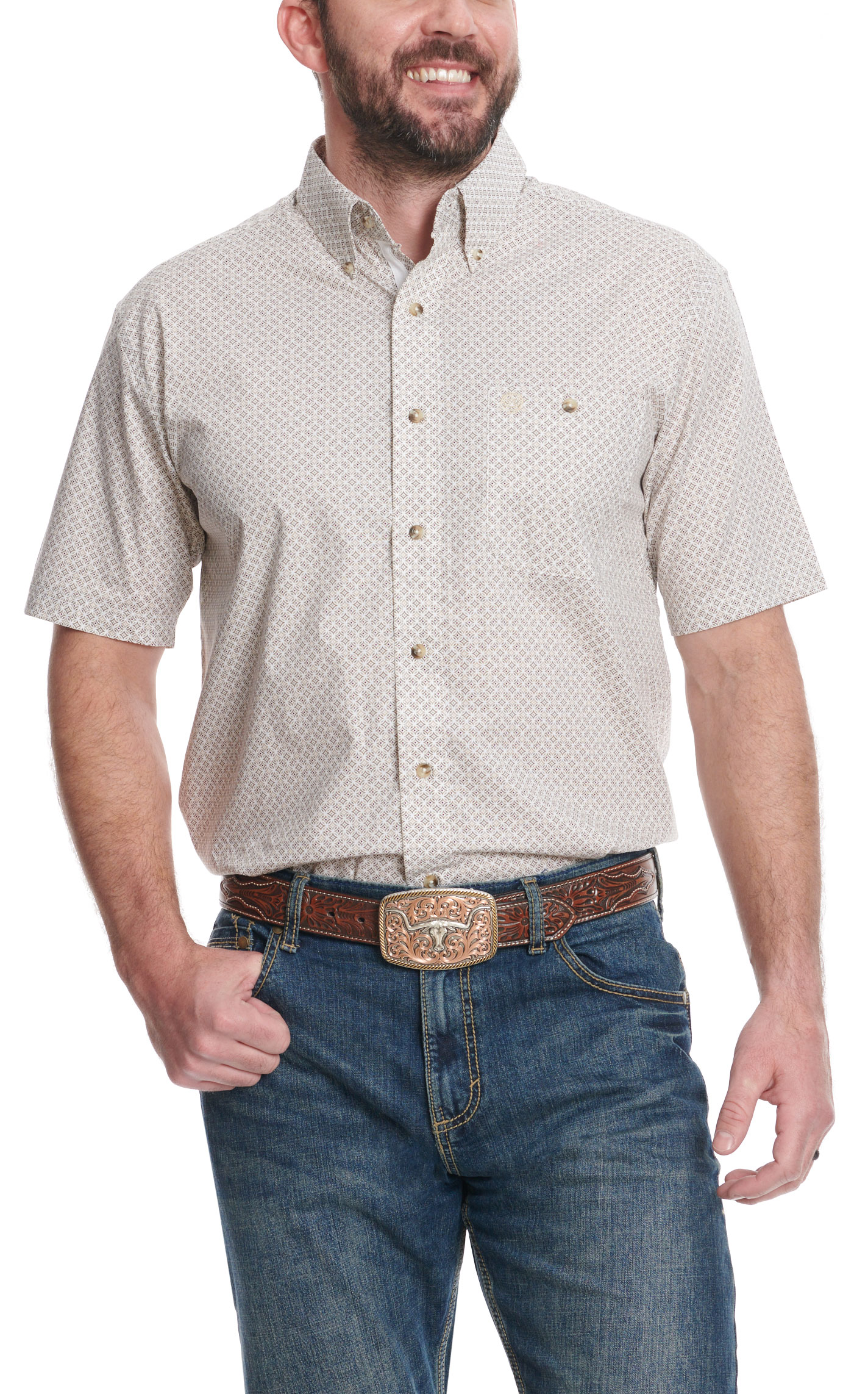 Wrangler Men's George Strait Collection Taupe & Chocolate Geo Western Shirt - Image 1