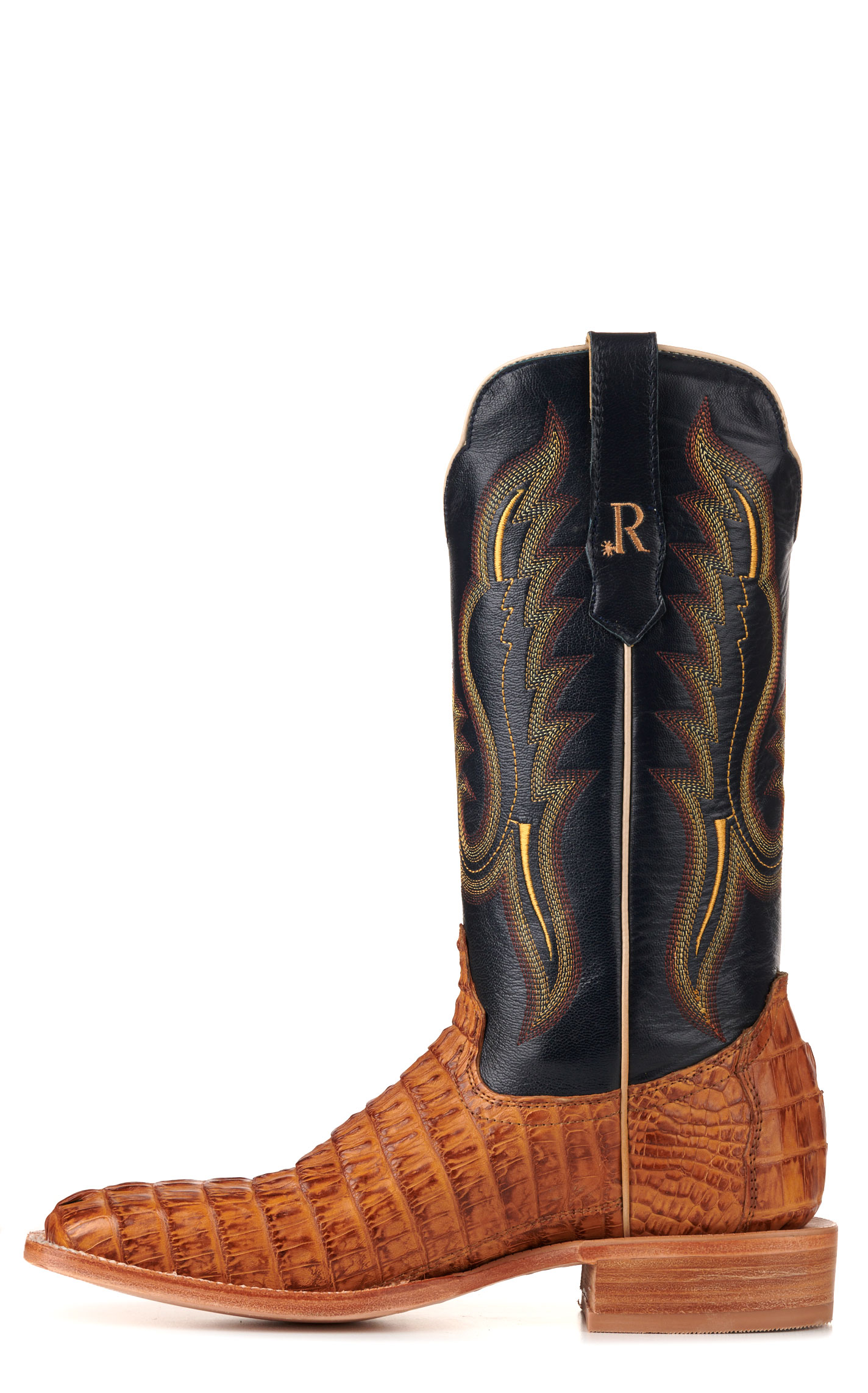 R. Watson Men's Saddle Hornback Caiman Tail and Navy Wide Square Toe Exotic Cowboy Boots - Image 1