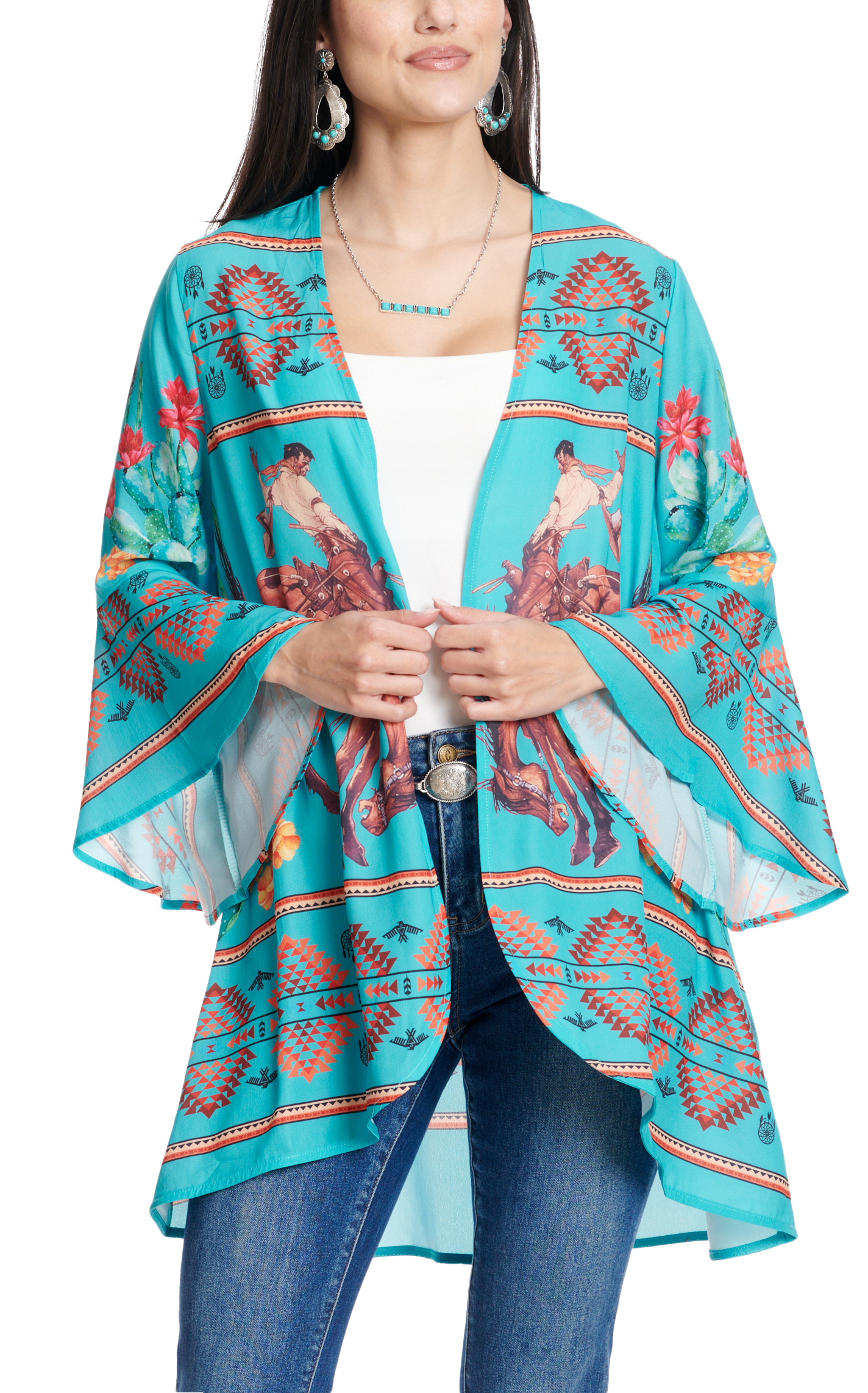 Fashion Express Women's Turquoise Retro Bronc & Rider Aztec Sunset Kimono - Image 1