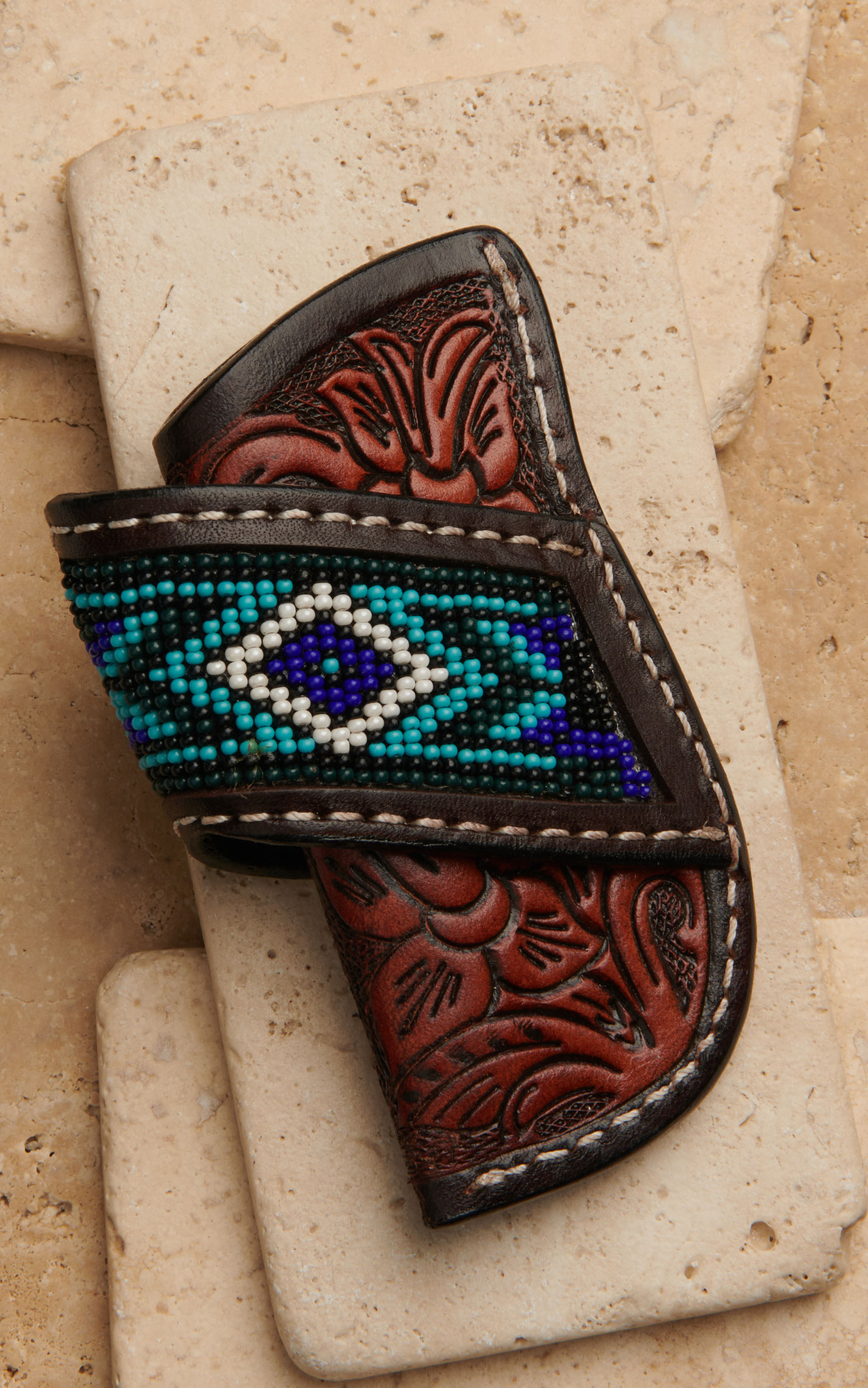 Ranger Belt Co. Brown Floral Tooled with Blue Aztec Beaded Strap Leather Knife Sheath - Image 1
