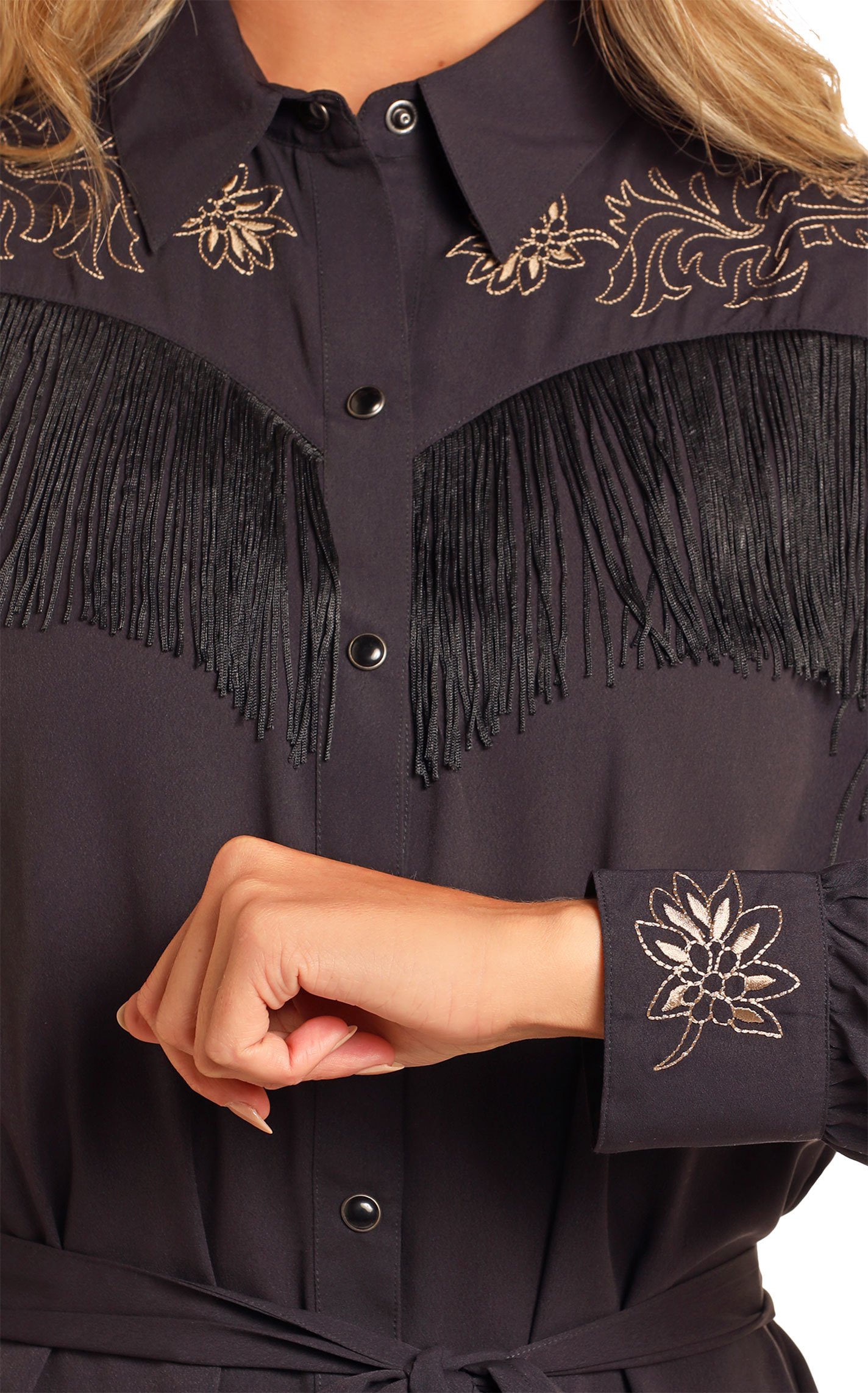 Rock & Roll Denim Women's Retro Black Embroidered & Fringed Dress - Image 1