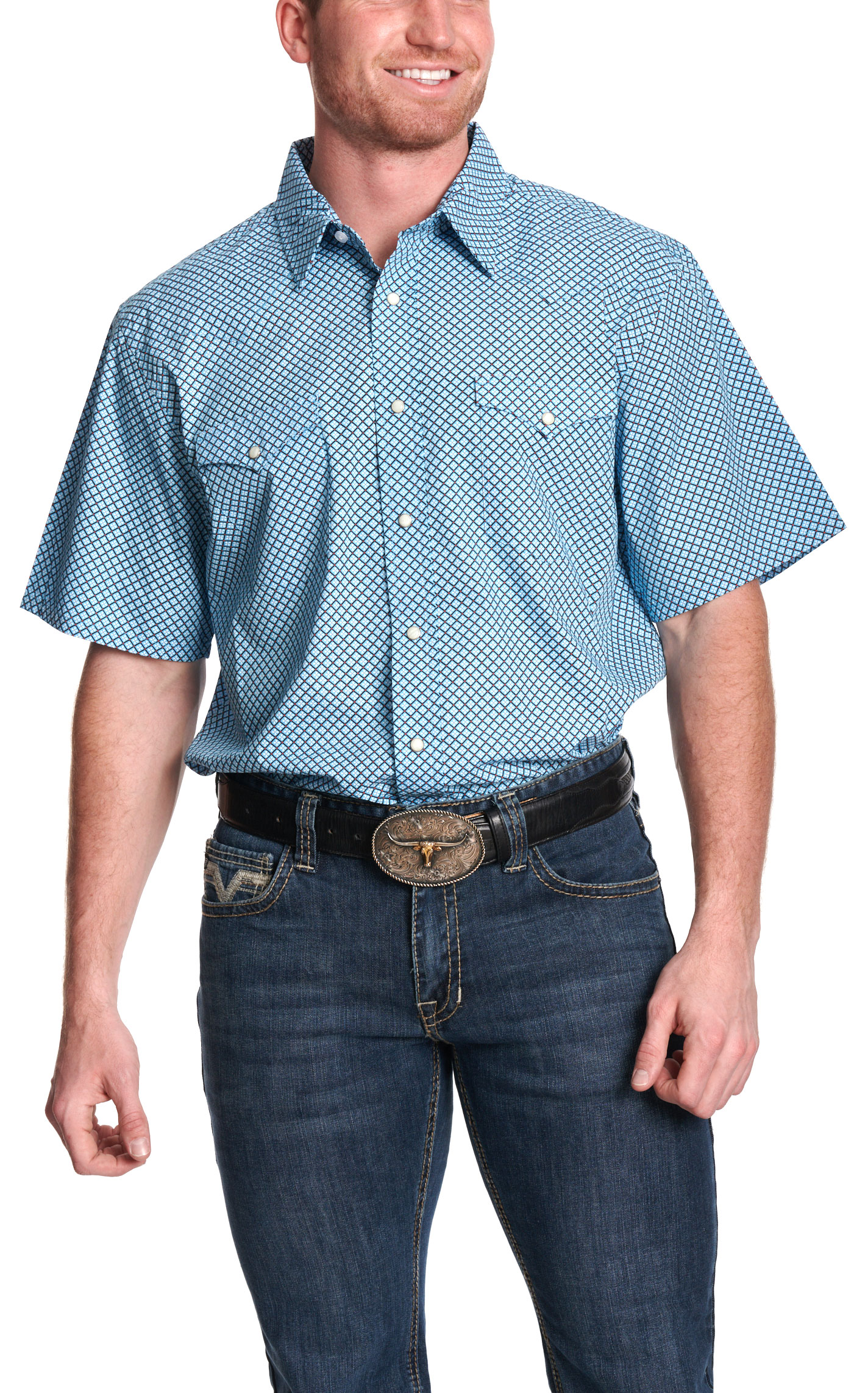 Panhandle Slim Men's Blue Geo-Print Short Sleeve Western Shirt - Image 1