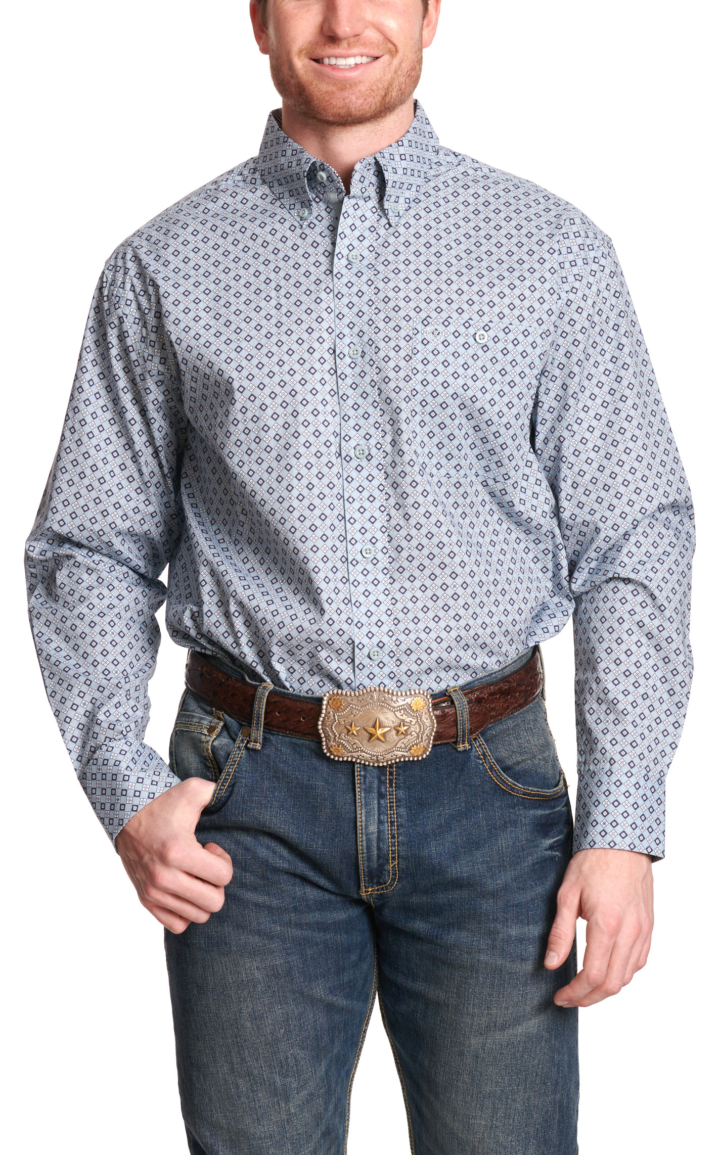 Wrangler Men's George Strait Collection Blue & Gray Geo Print Western Shirt - Image 1