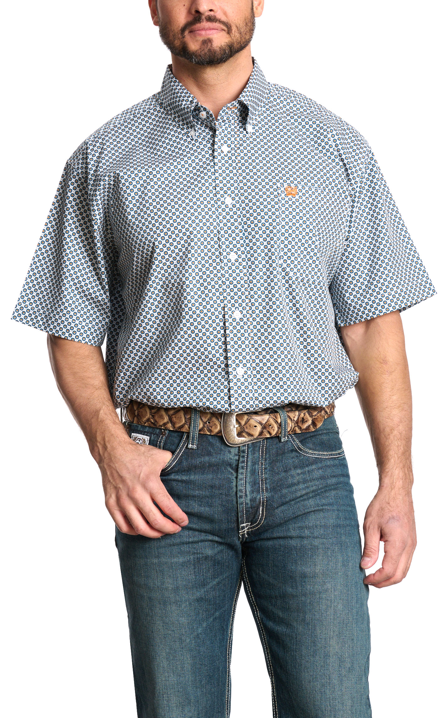 Cinch Men's White Navy & Tangerine Geo Print Western Shirt - Image 1