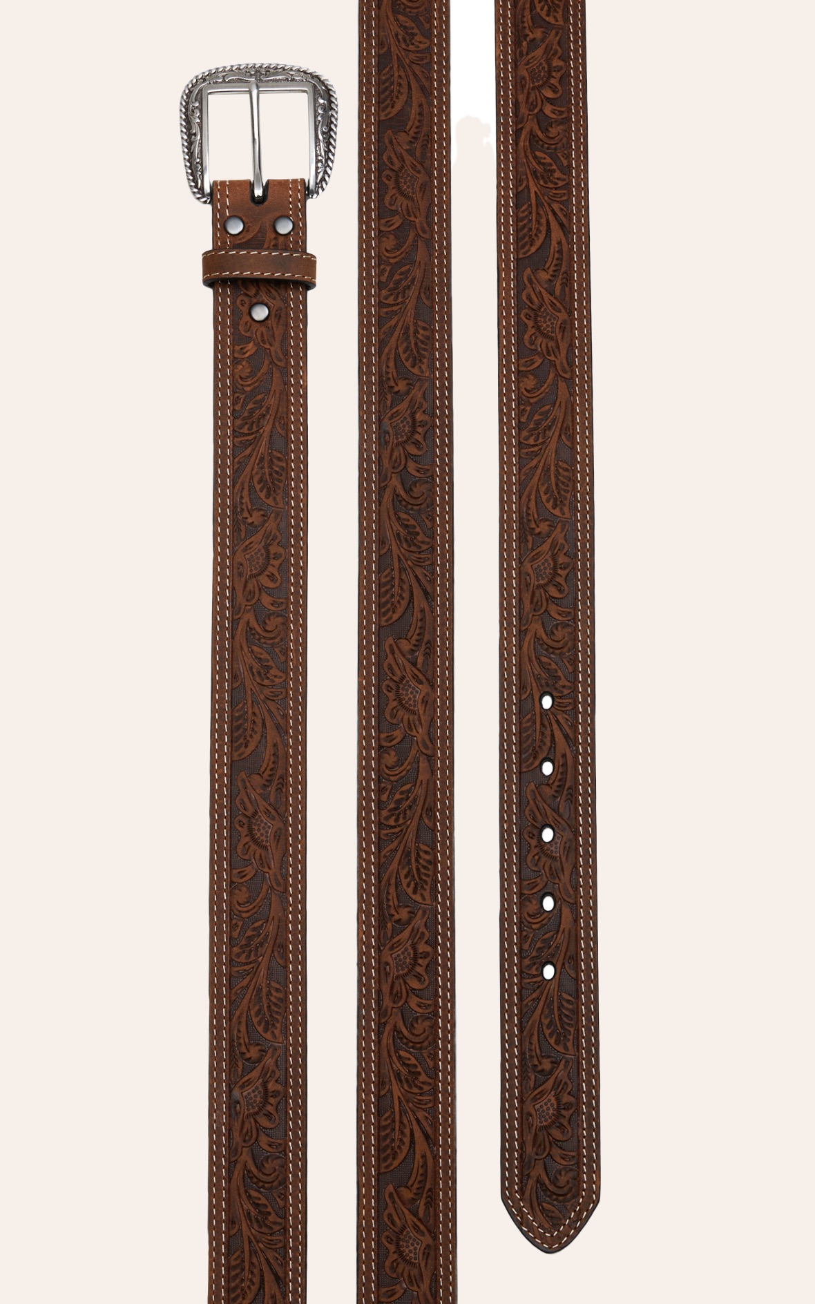 Ariat Men's Brown Tooled Double Stitched Western Belt - Extended Sizes - Image 1
