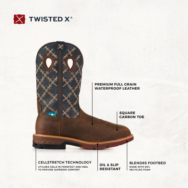 Twisted X Men's Hazel Brown and Navy Barbed Wire CellStretch MetGuard Square Nano Composite Toe Work Boots - Image 1
