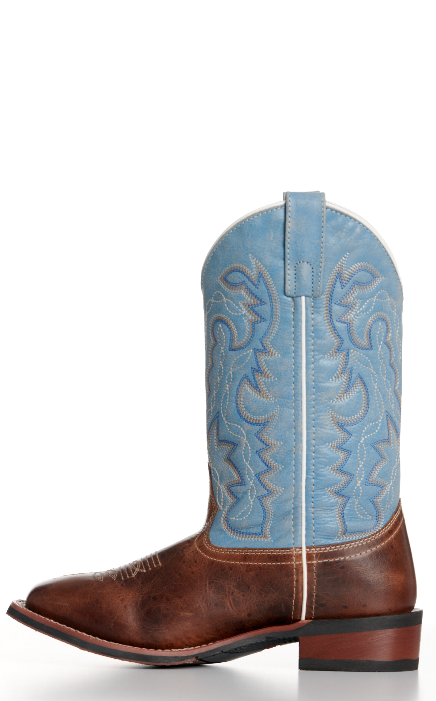 Laredo Women’s Darla Distressed Brown and Sky Blue Wide Square Toe Cowboy Boots - Image 1