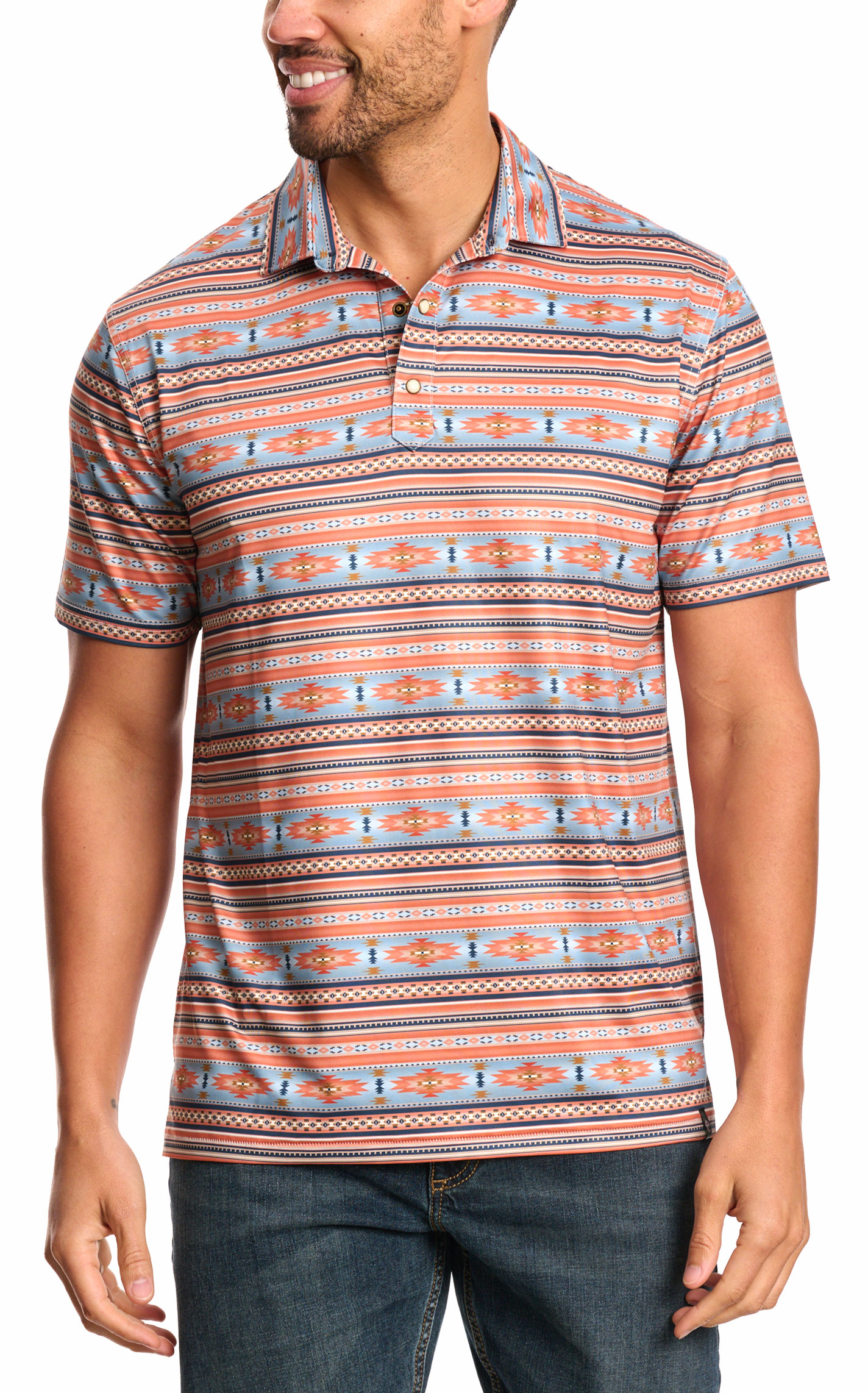 Rafter C Men's Tangerine Sky Aztec Print Polo Shirt - Image 1