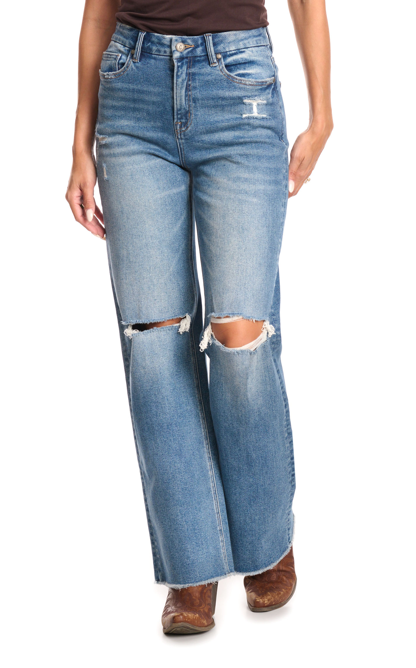 Rockin C Women's Medium Wash Distressed Wide Leg Jeans - Image 1