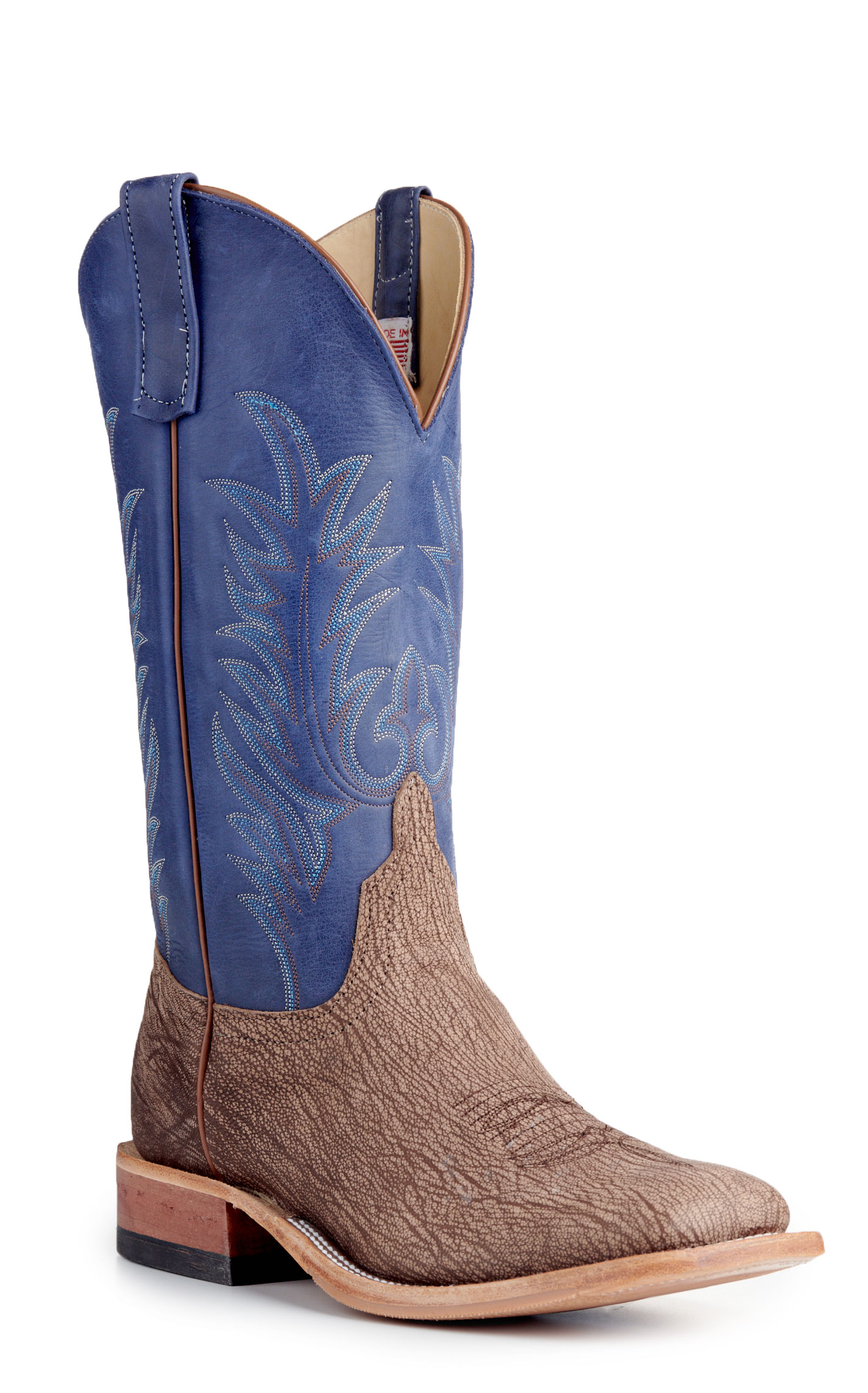 Anderson Bean Men's Tan and Royal Blue Hybrid Sole Wide Square Toe Cowboy Boots - Image 1