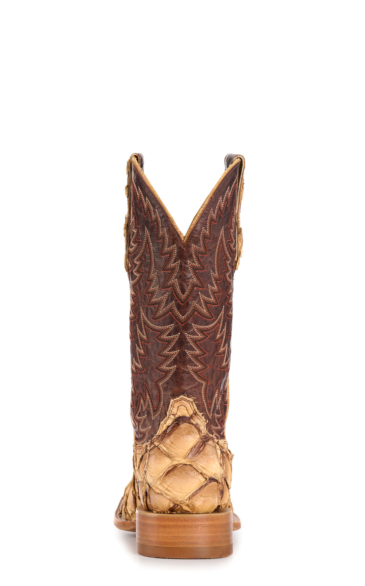 Cavender’s Men’s Brass and Caramel Pirarucu Wide Square Toe Exotic Cowboy Boots - Image 1