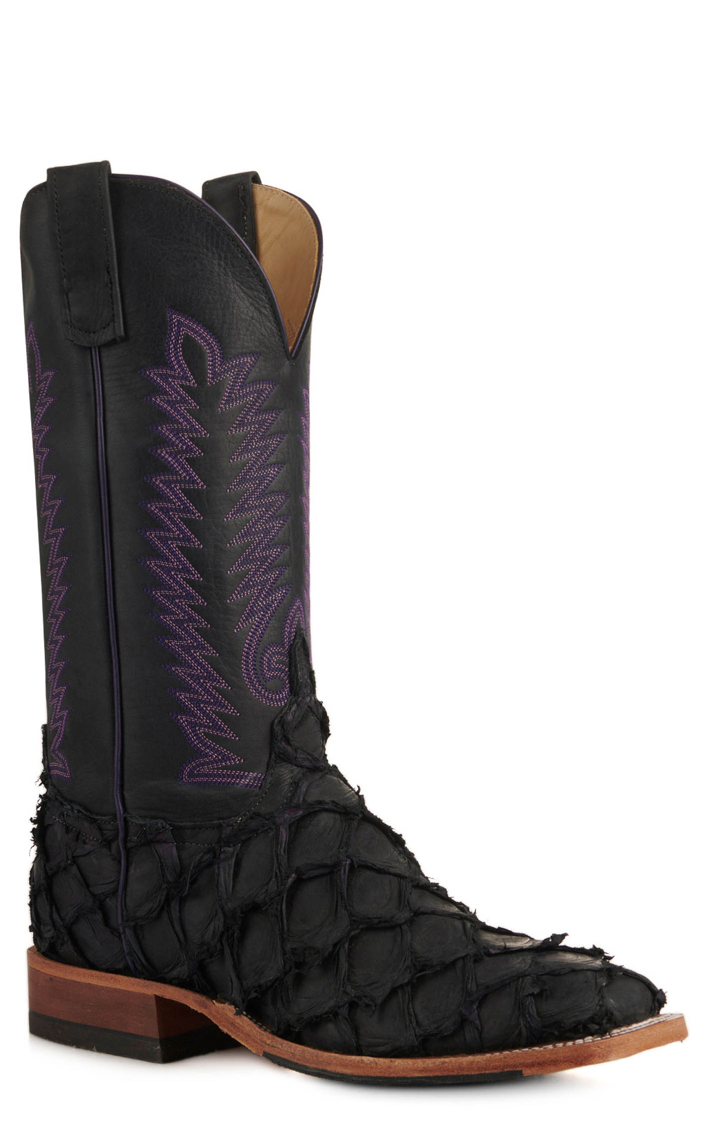 Anderson Bean Men's Black Pirarucu Wide Square Toe Exotic Cowboy Boots - Image 1