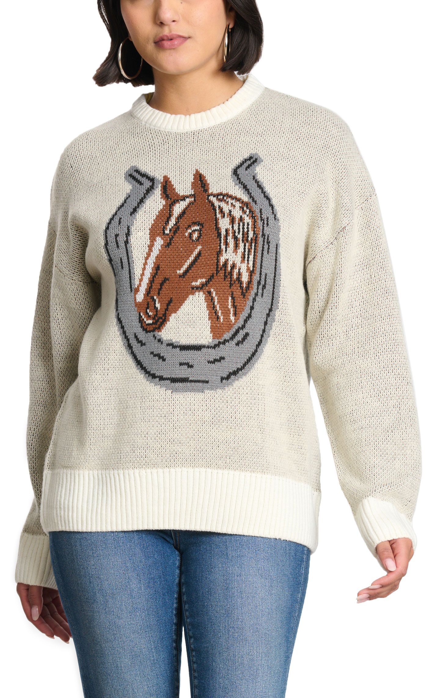 Rockin C Women's Winter White Horse & Shoe Sweater - Image 1