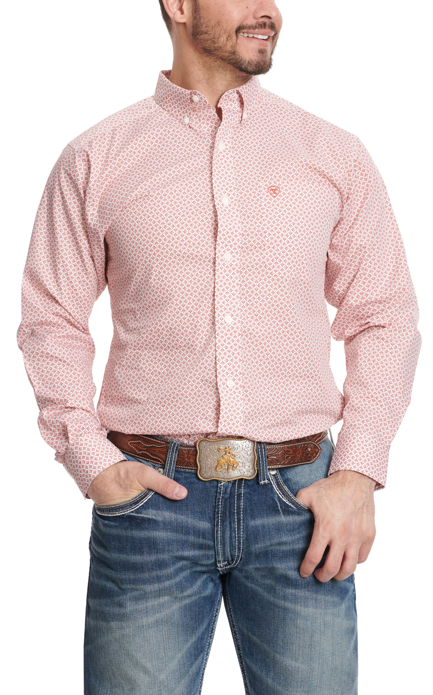 Ariat Men's Izaiah Cream & Tabasco Red Geo Print Long Sleeve Western Shirt - Image 1