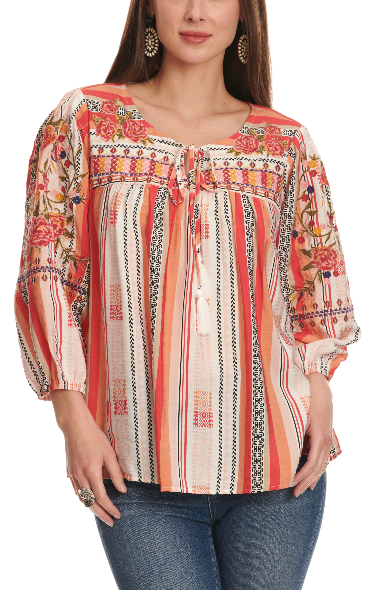 Savanna Jane Women's Rich Citrus Aztec Stripe & Floral Embroidery Top - Image 1