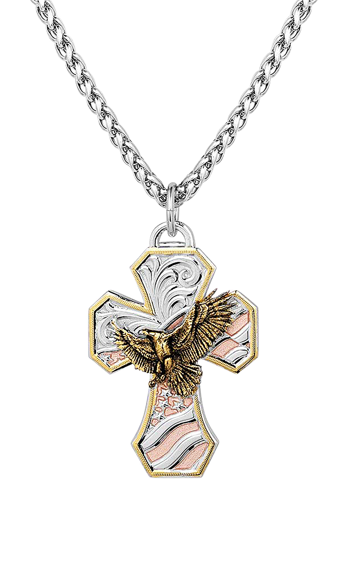 Montana Silversmiths Men's Silver Copper & Gold Eagle & Flag Cross Necklace - Image 1