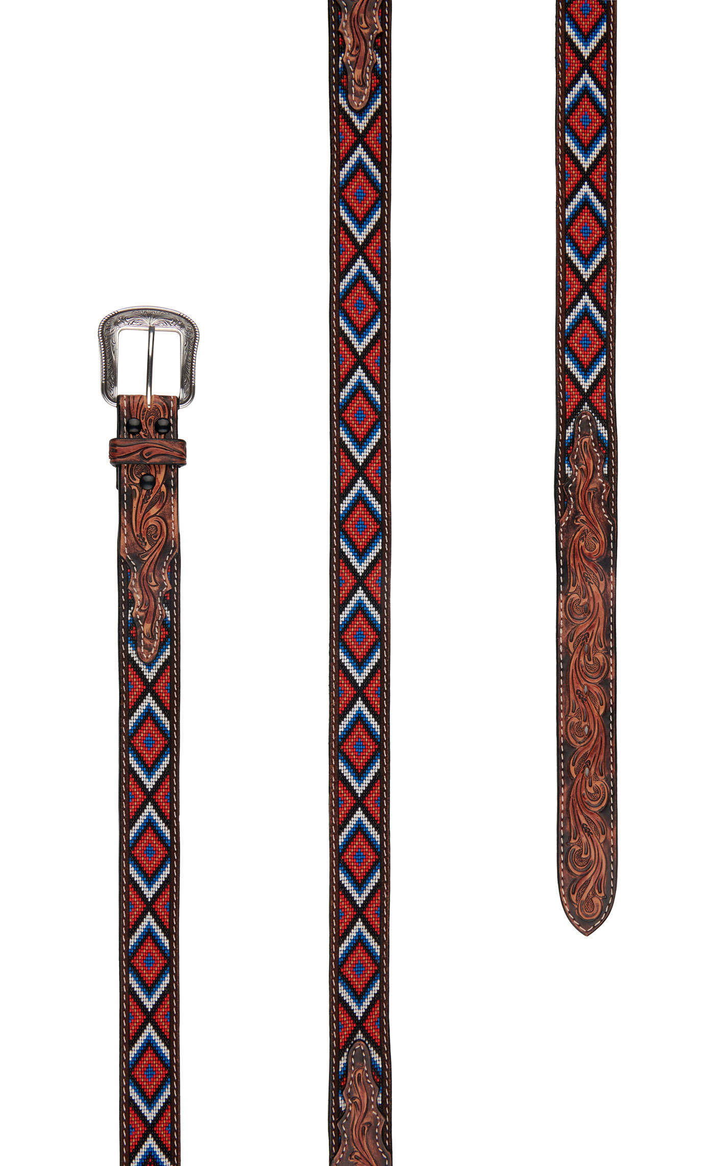 3D Belt Co Men's Dark Brown Tooled Leather Multi Color Aztec Beaded Western Belt - Image 1