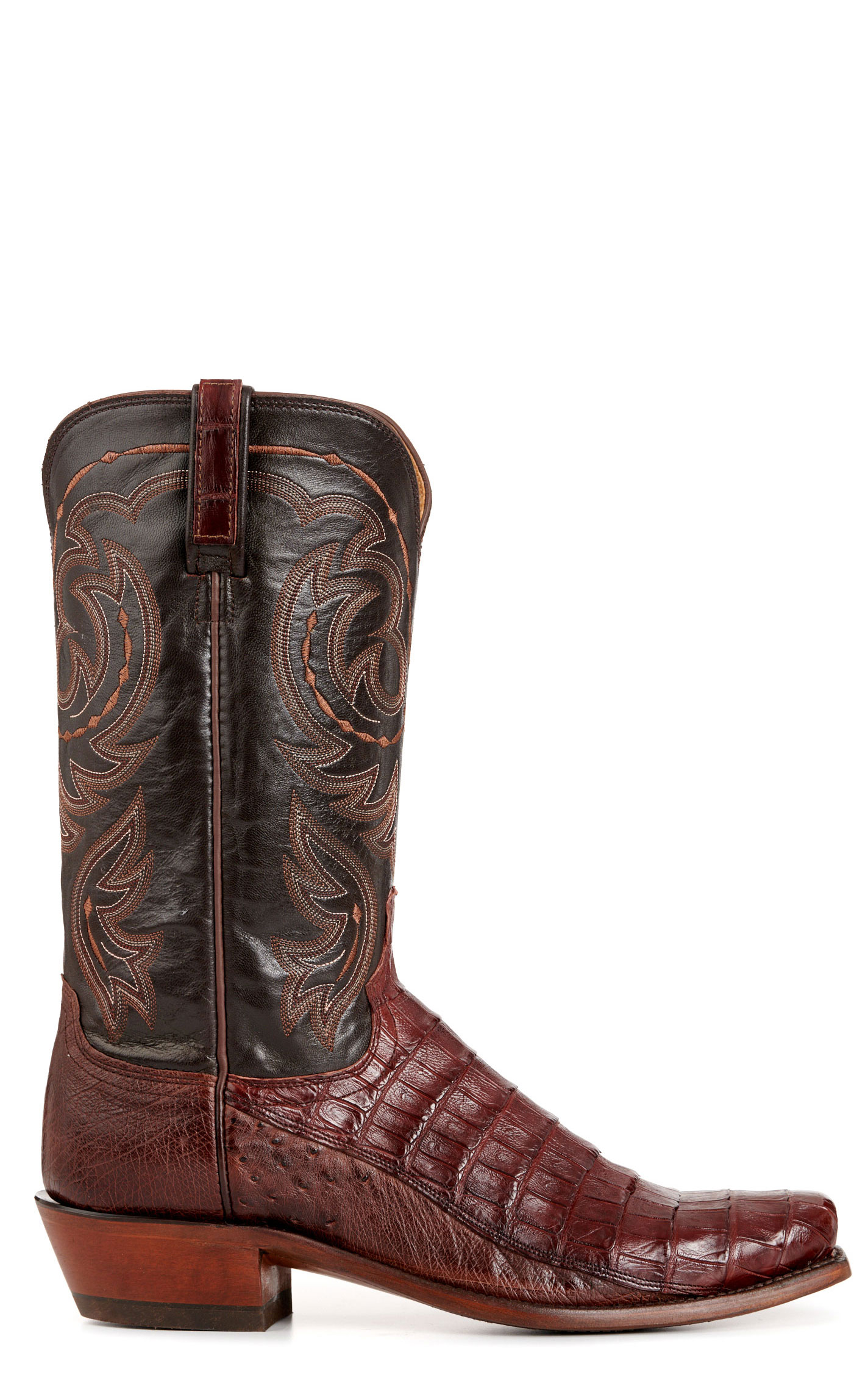 Lucchese Men's Douglas Dark Brown and Barrel Brown Caiman and Ostrich Exotic Cowboy Boots - Image 1