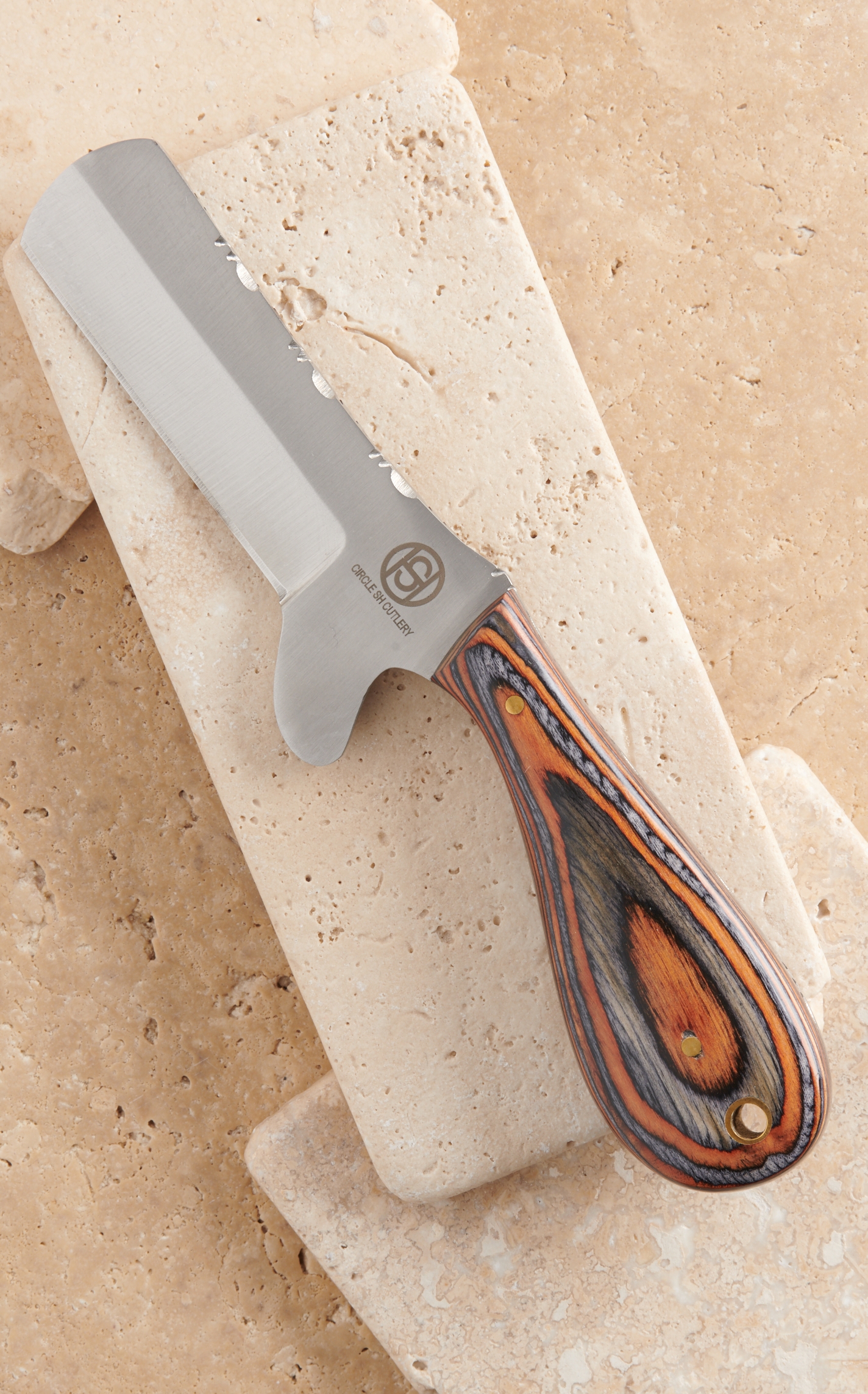 Circle SH Cutlery Stainless Blade and Wood Handle Castrations Knife with Leather Sheath - Image 1