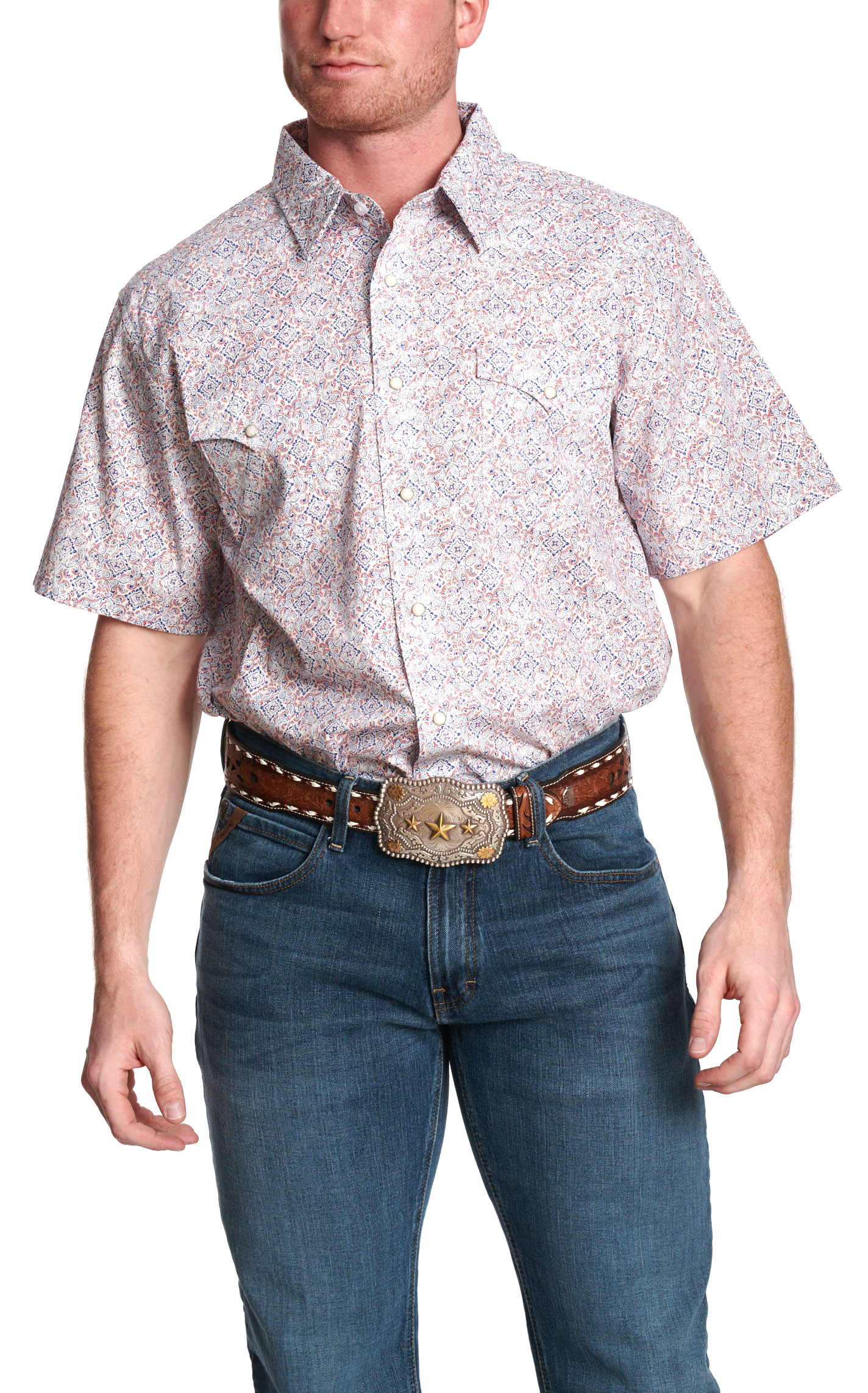 Panhandle Slim Men's White Red & Blue Geo Print Short Sleeve Western Shirt - Image 1