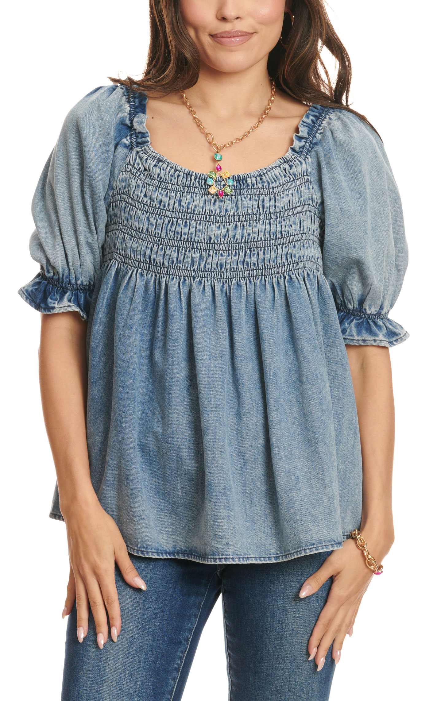 MAZIK Women's Medium Wash Denim Blue Smocked Short Puff Sleeve Top - Image 1