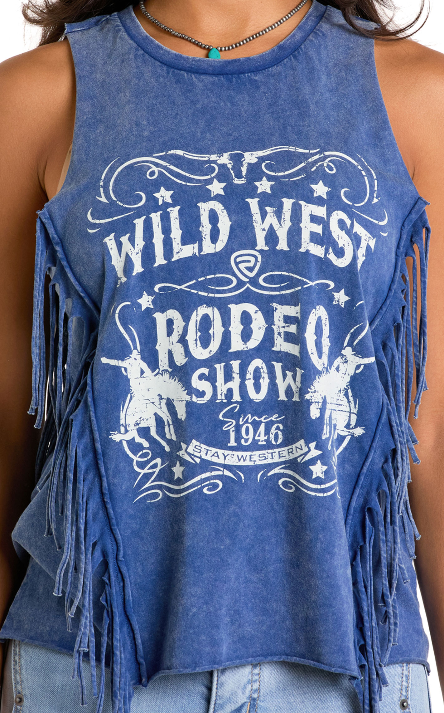 Rock & Roll Denim Women's Navy Rodeo Graphic Fringe Tank Top - Image 3