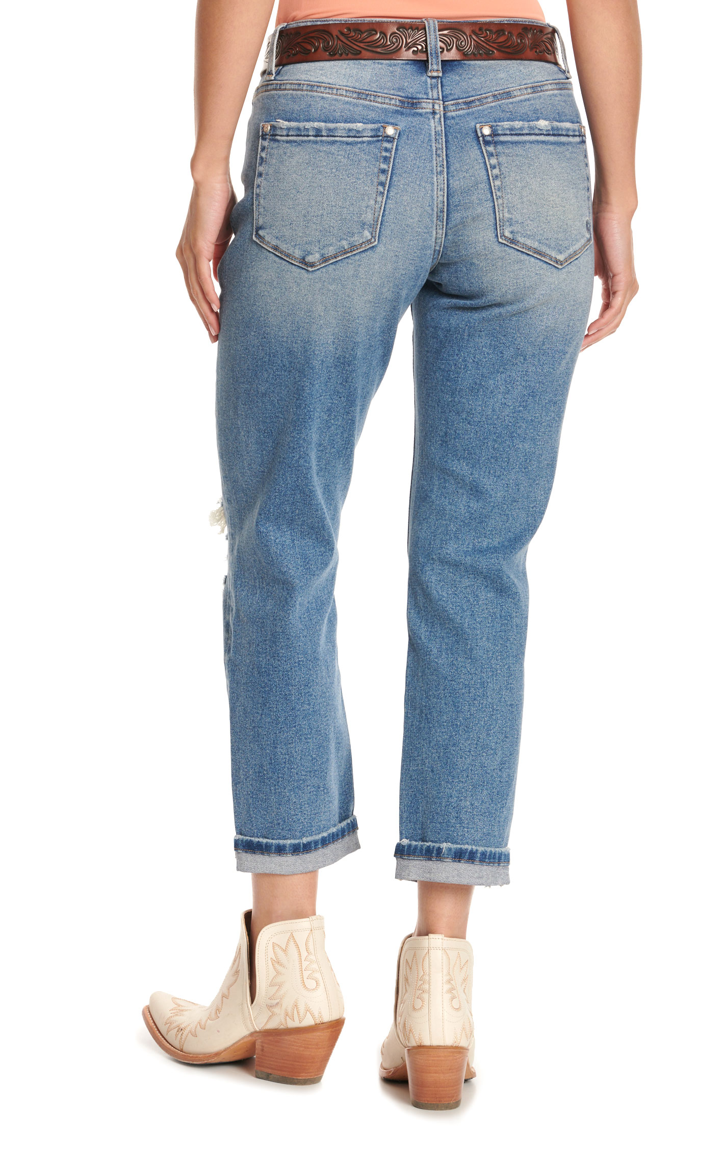 Rockin C Medium Wash Button Fly Distressed Boyfriend Cropped Jeans - Image 1