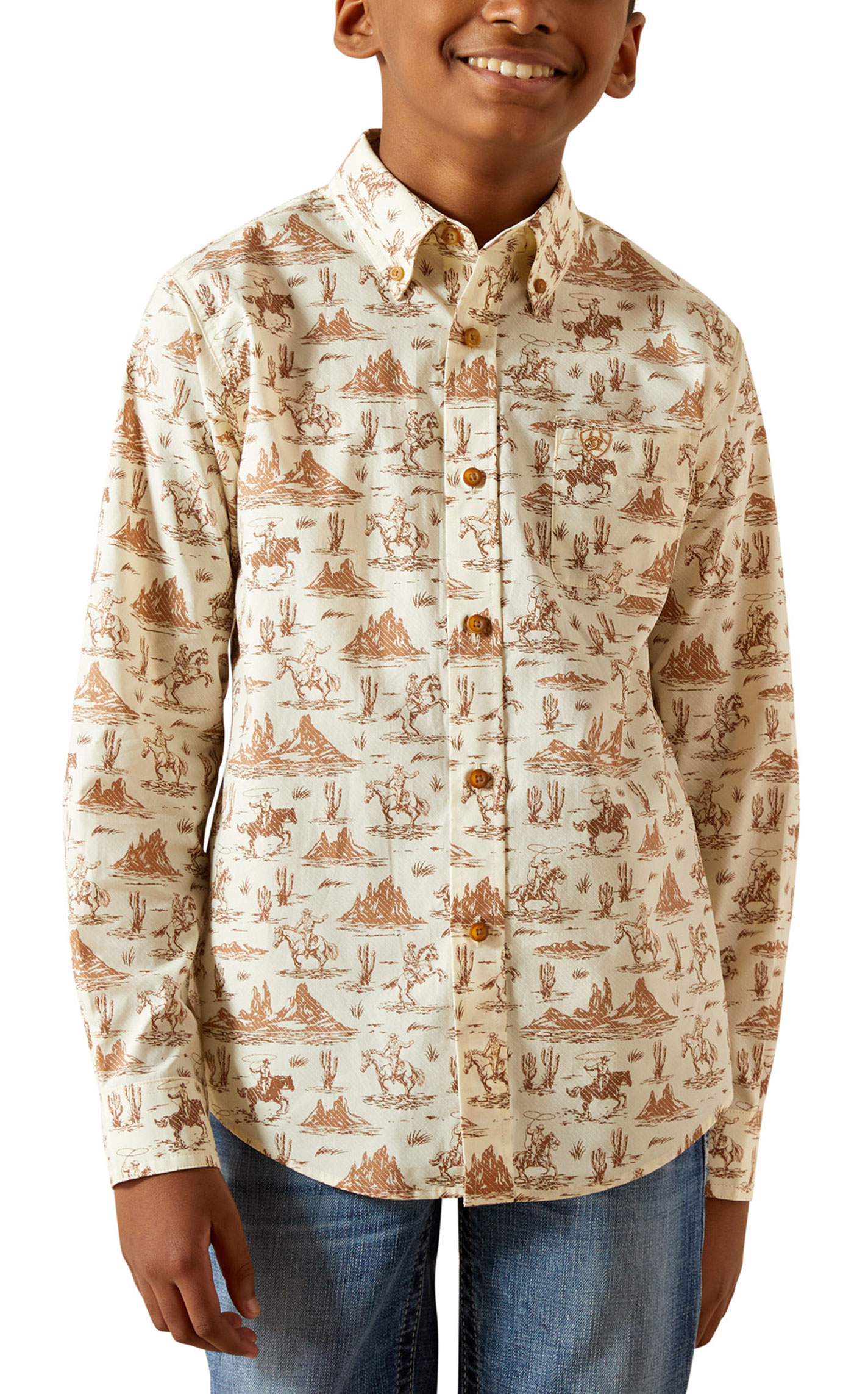 Ariat Boy's Cream Western Print Long Sleeve Shirt - Image 1
