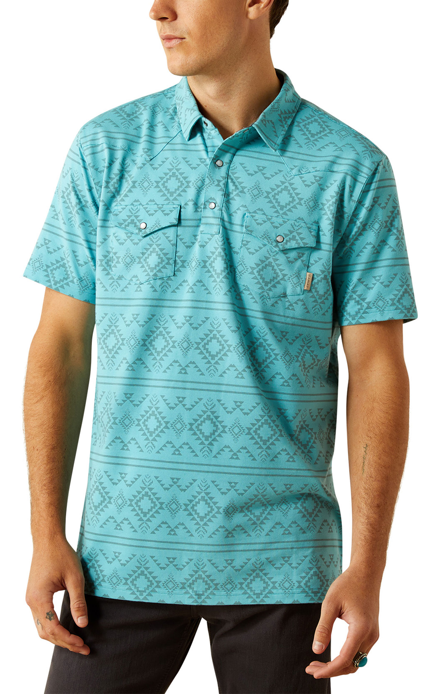 Ariat Light Turquoise Retro Aztec Western Polo Shirt - Image 1