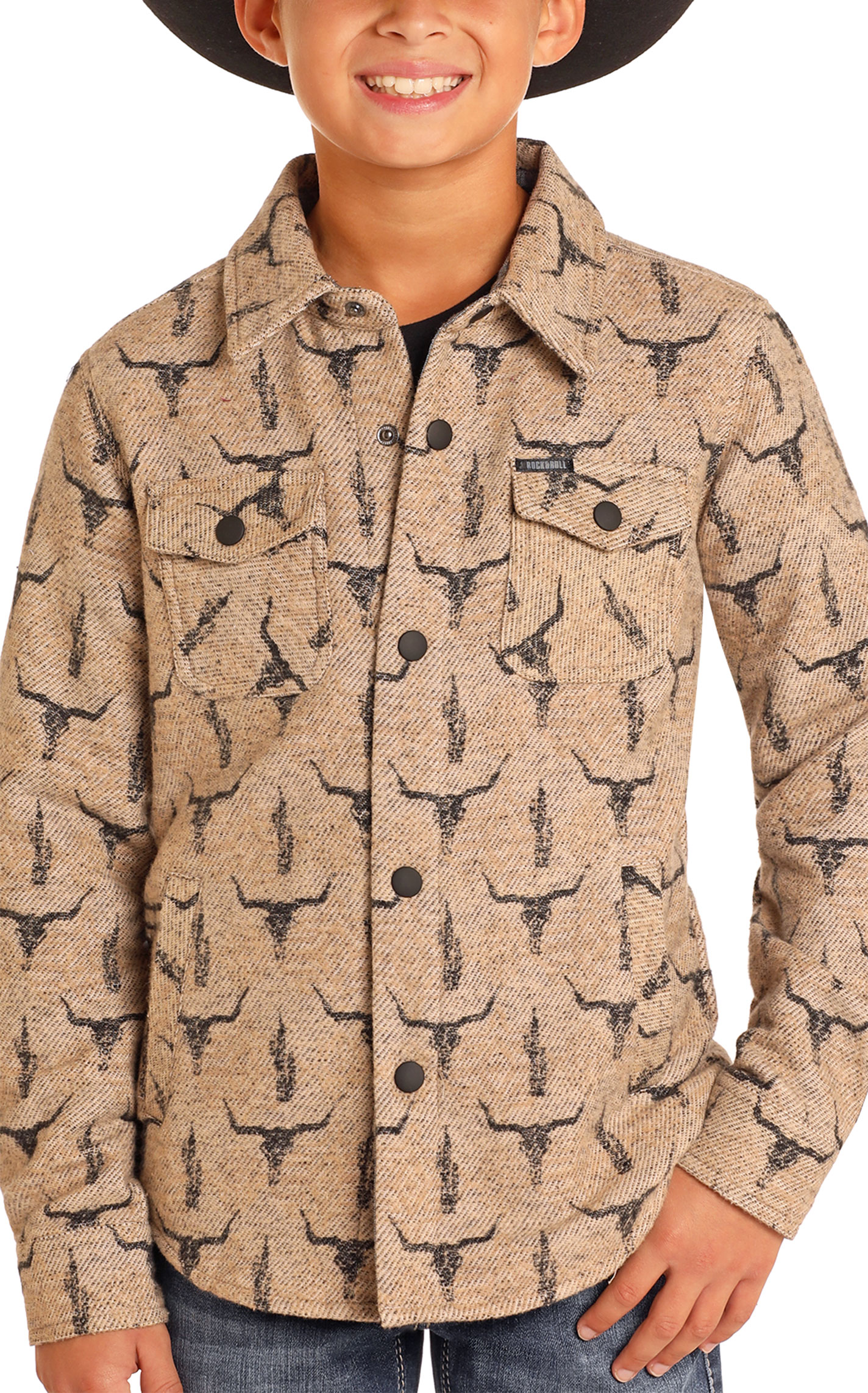 Rock & Roll Denim Boy's Tan Steer Skull Print Shacket - Image 1