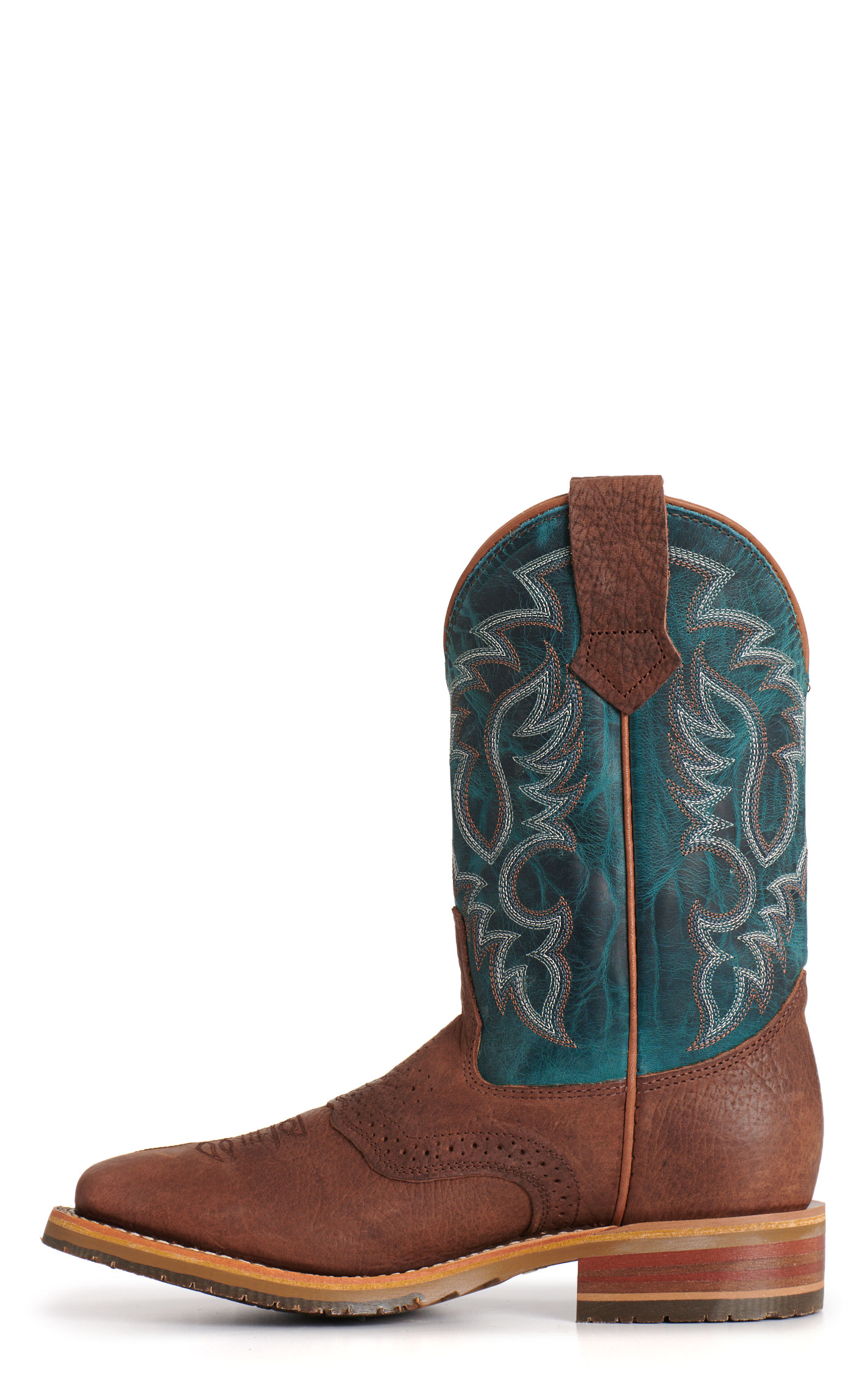 Double H Men’s Brown & Turquoise Square Toe Cowboy Boots - Image 1