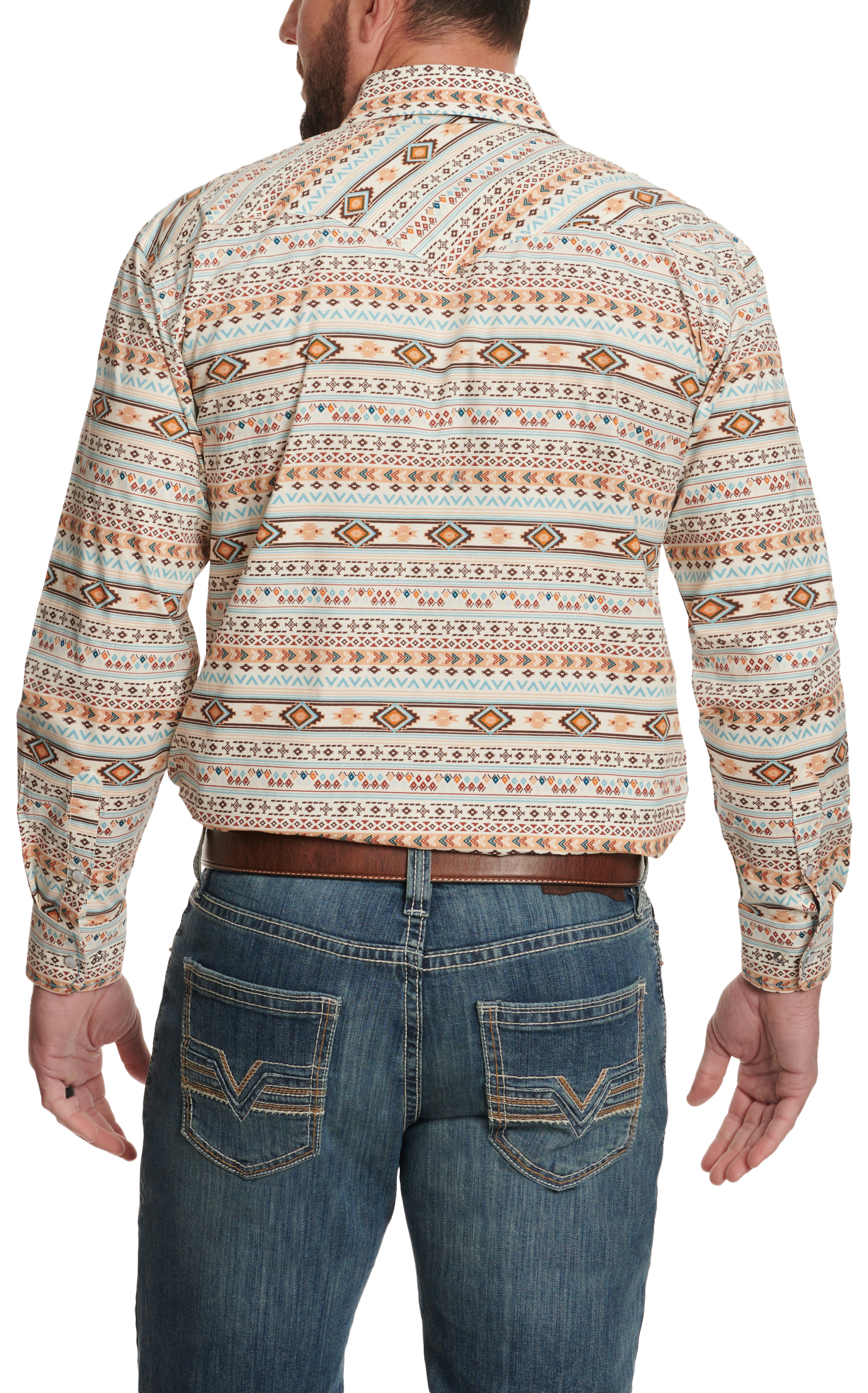 Panhandle Men's Rough Stock Latte Rust & Blue Aztec Western Shirt - Image 1