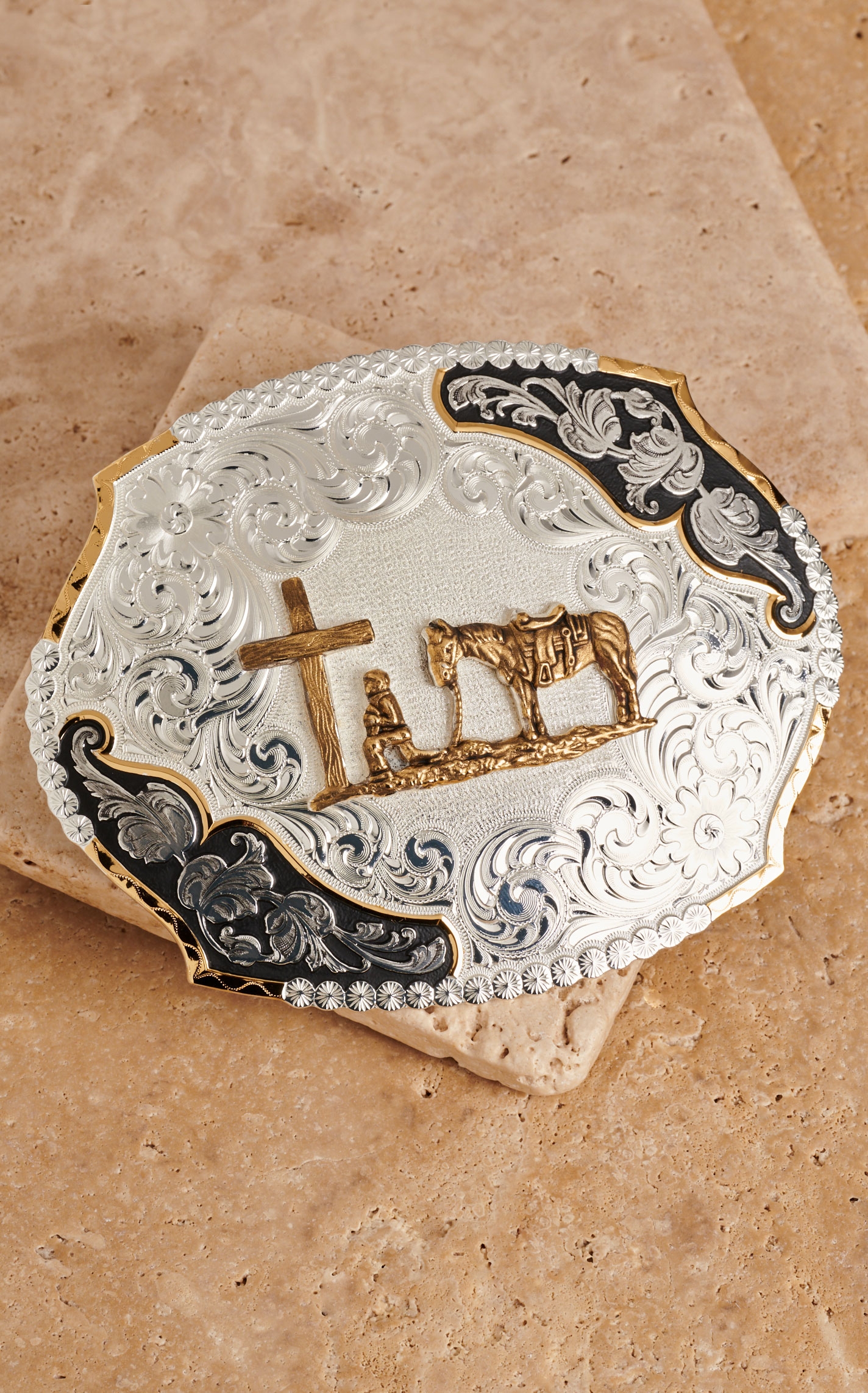 Montana Silversmiths Antiqued Silver Leaves with Gold Praying Cowboy Belt Buckle - Image 1