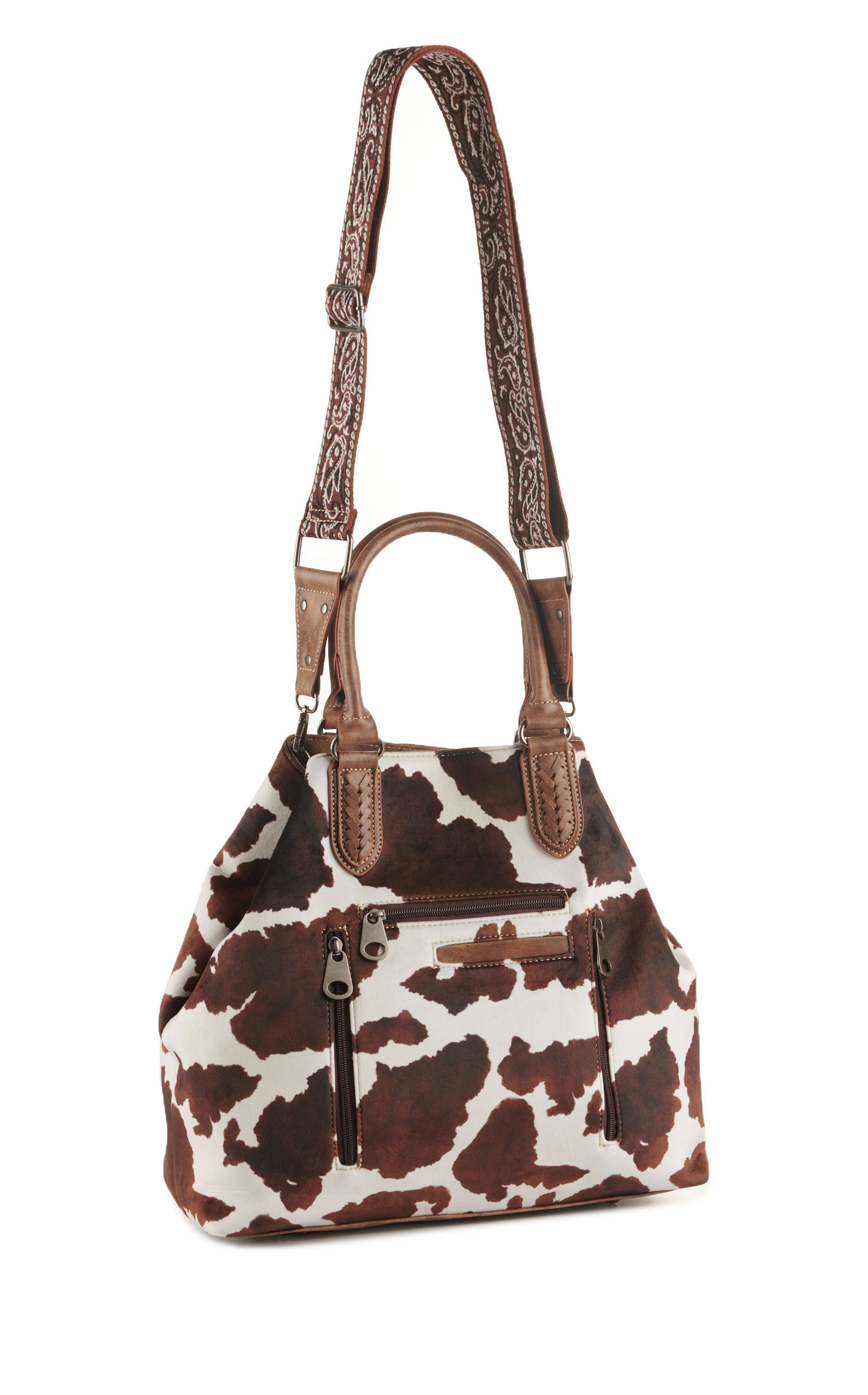 Nocona Women’s Soft Leather Cream & Cinnamon Cow Print Conceal Carry Satchel Bag  - Image 1