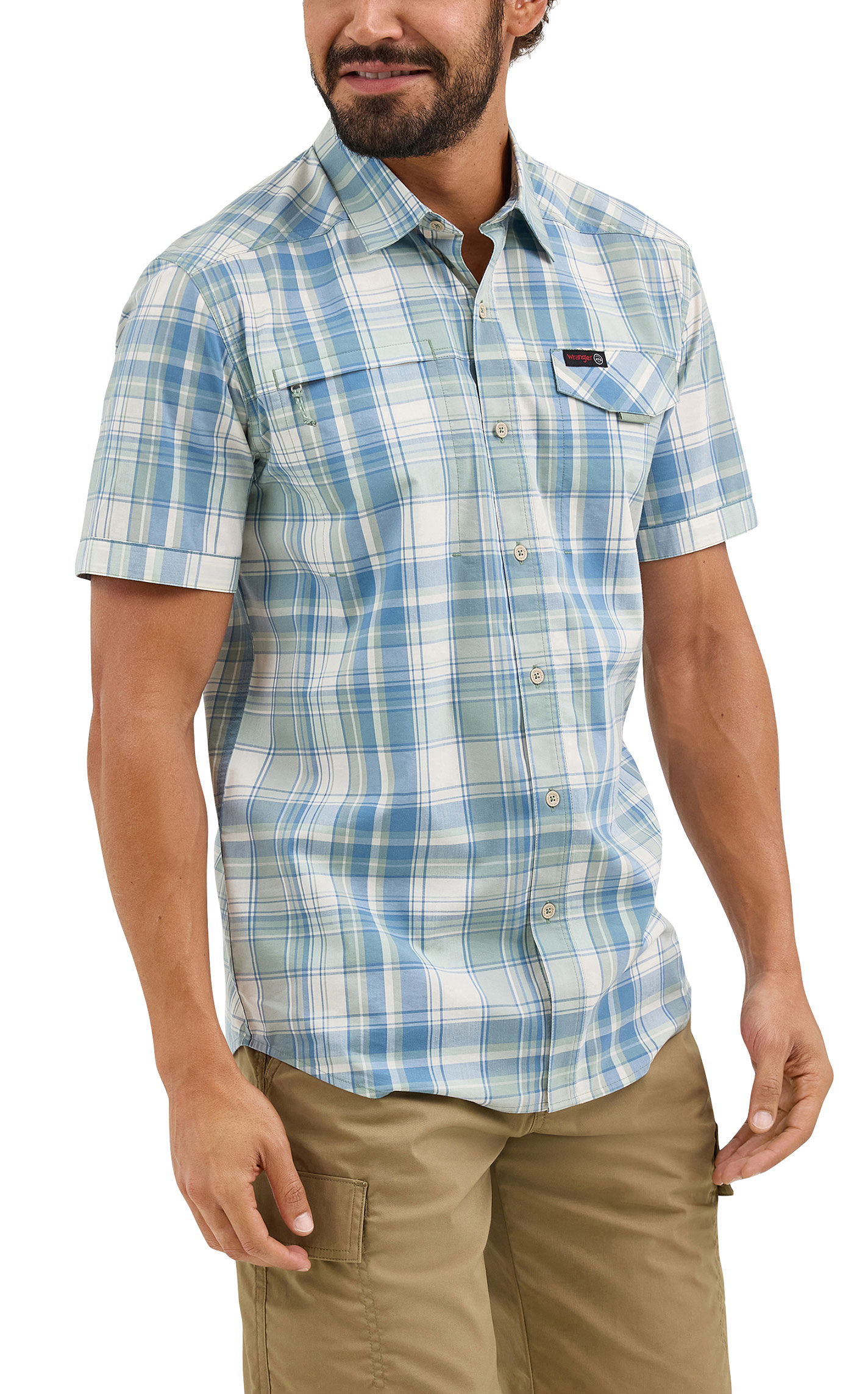 Wrangler ATG Men's Green Blue Plaid Western Shirt - Image 1