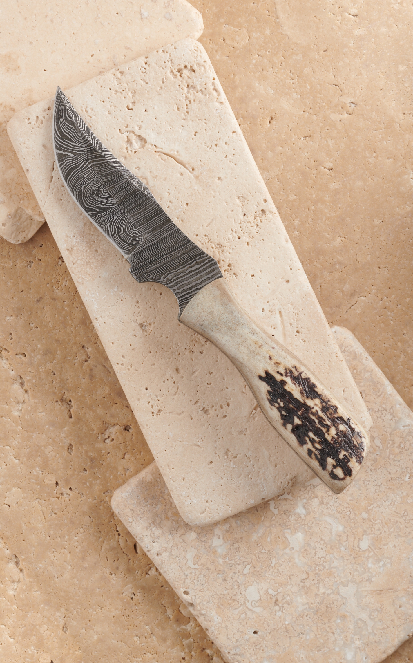 Circle SH Cutlery Damascus Blade and Natural Stag Horn Handle 6.25 Inch Knife with Leather Sheath - Image 1