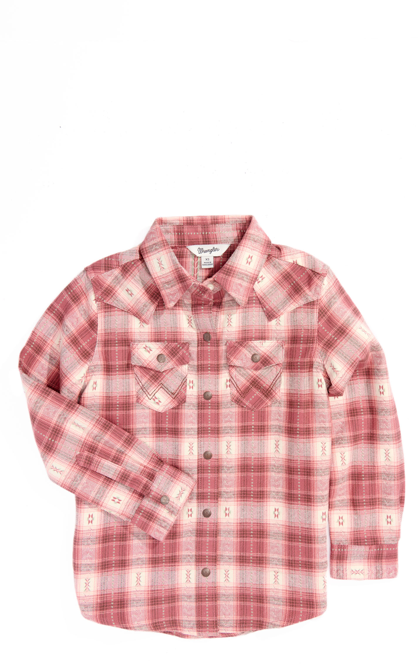 Wrangler Girl's Cream & Berry Aztec Plaid Flannel Long Sleeve Western Shirt - Image 1