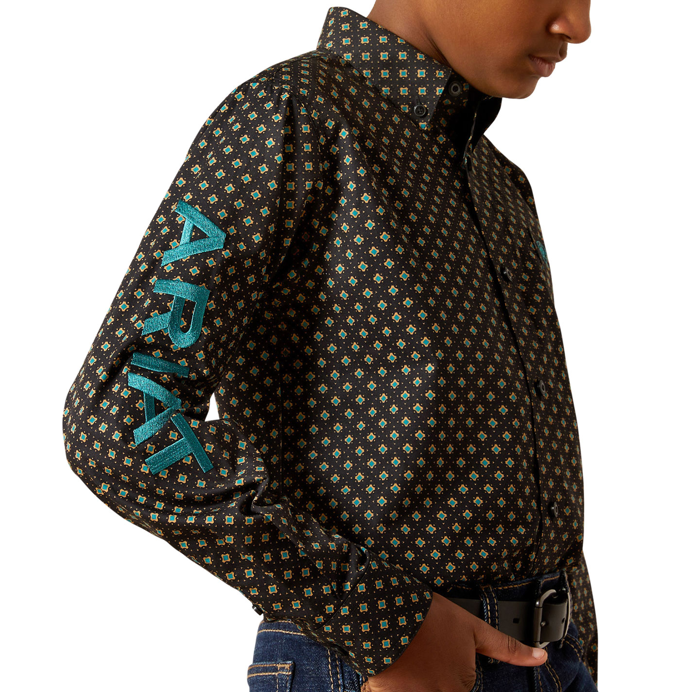 Ariat Boy's Team Philbert Black & Teal Geo Print Shirt - Image 1