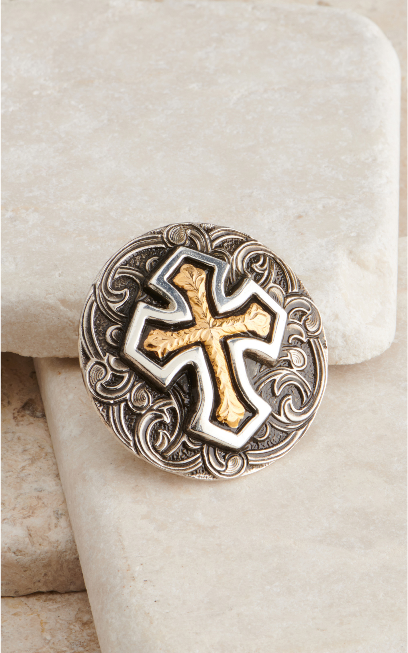 M&F Western Silver Filigree with Gold Raised Cross Scarf Slide - Image 1