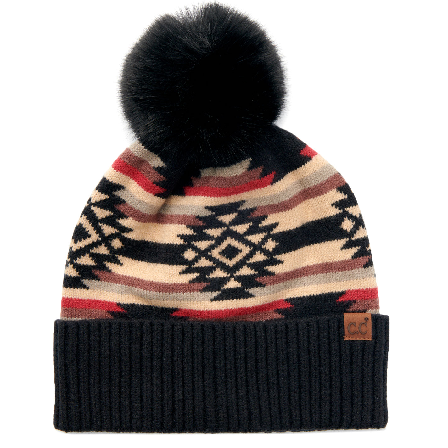 Girlie Girl Black Aztec Pom-Pom Knit Beanie - Image 1