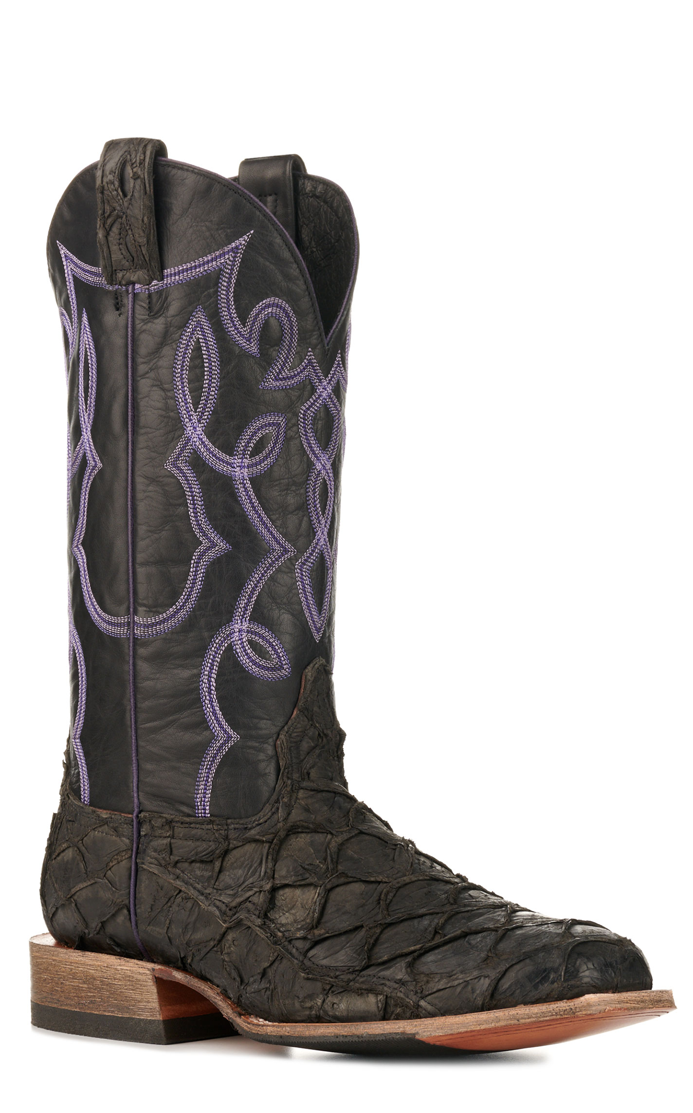 Cavender's Men's Black Leather and Pirarucu Wide Square Toe Exotic Cowboy Boots - Image 1