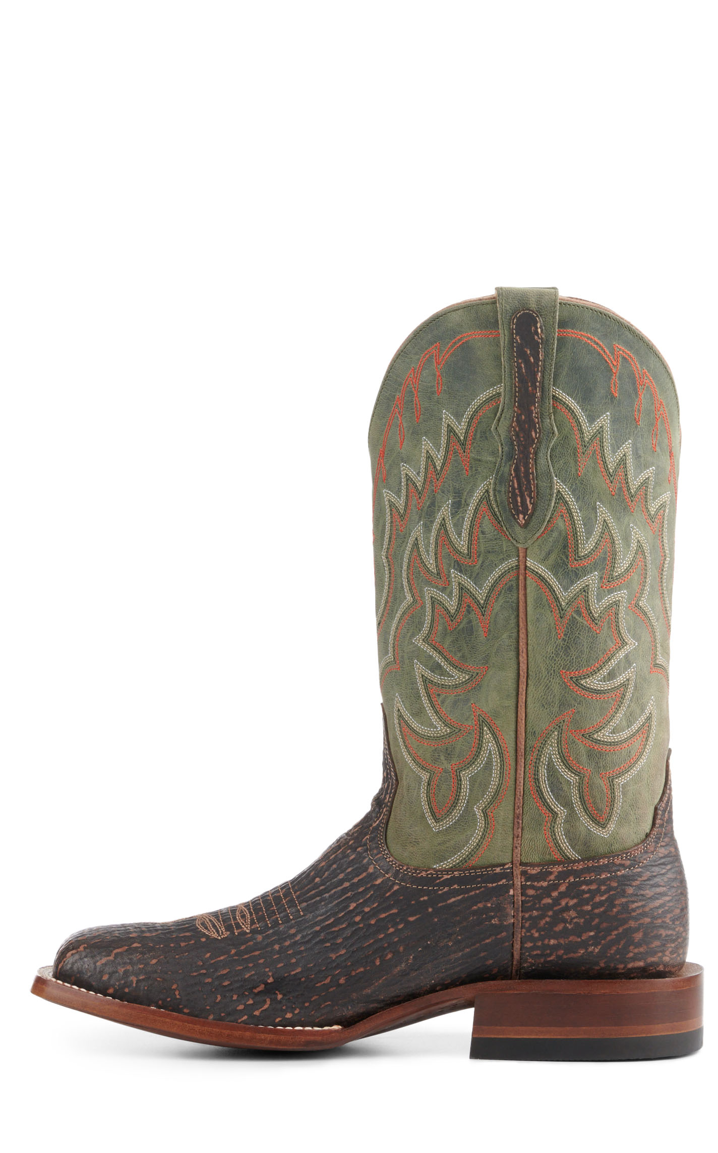 Cavender’s Men’s Rustic Brown Shark and Green Goat Wide Square Toe Cowboy Boots - Image 1