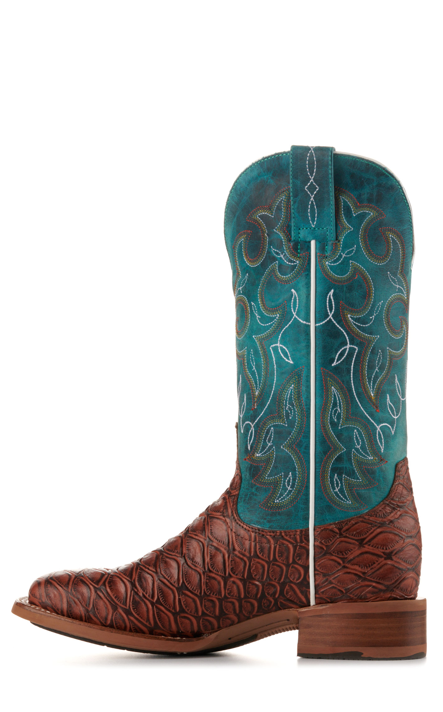 Cavender's Women's Intrepid Turquoise and Brown Baby Pirarucu Print Wide Square Toe Cowboy Boots - Image 1