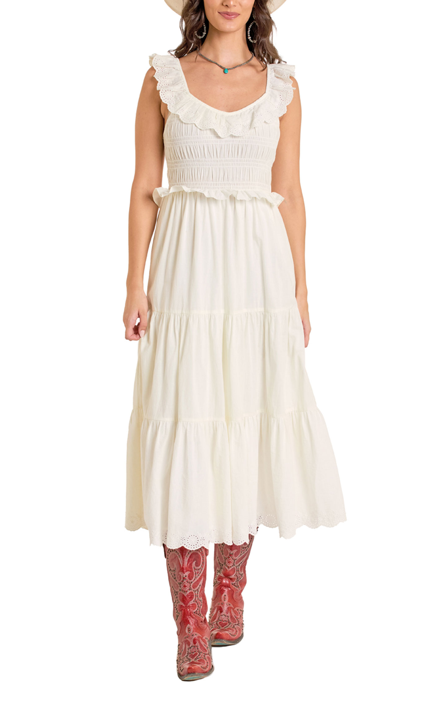 Rock & Roll Denim Women's Natural Ruched Eyelet Lace Tiered Midi Dress - Image 1