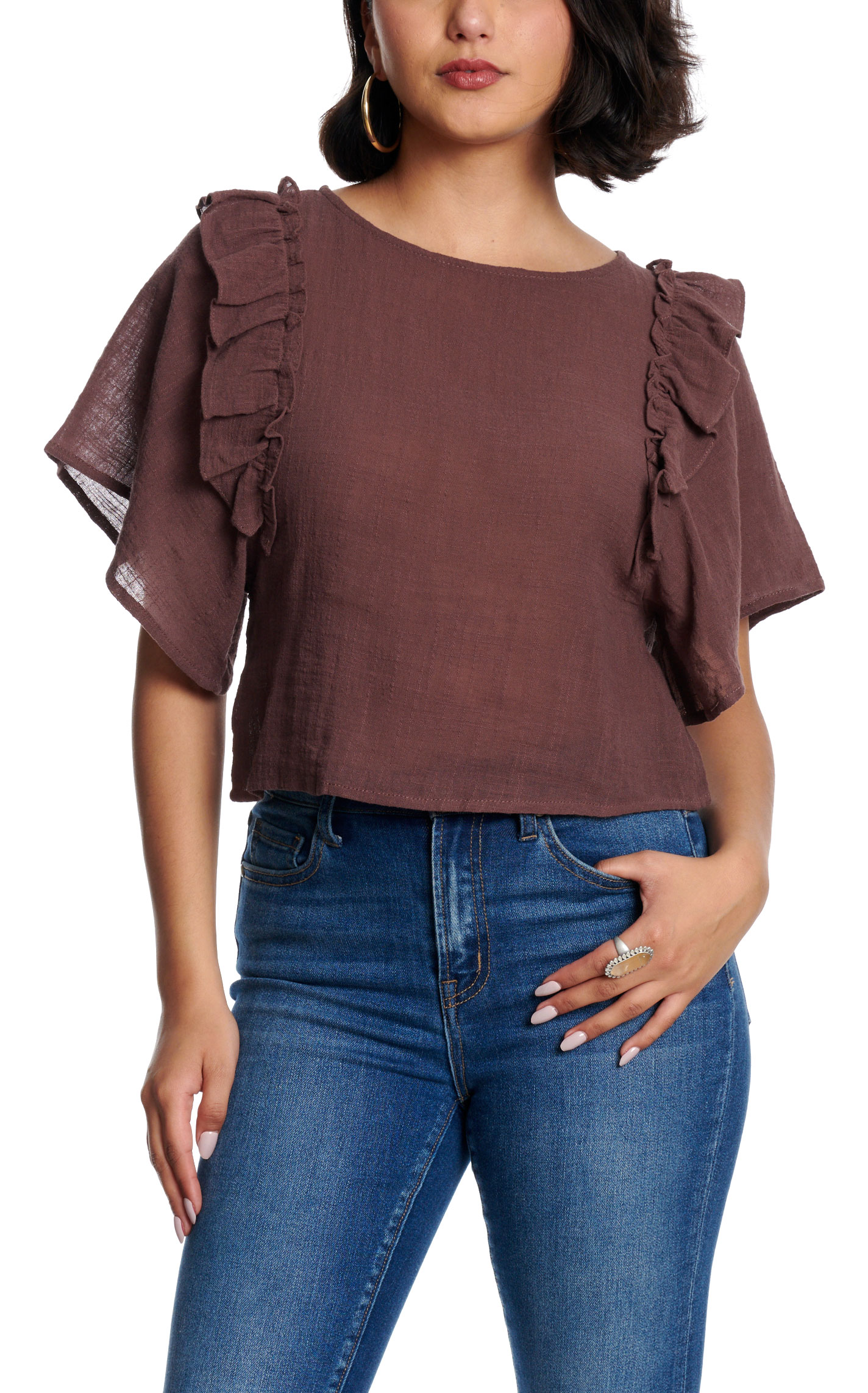 HYFVE Women's Dark Caramel Ruffle Sleeve Top - Image 1
