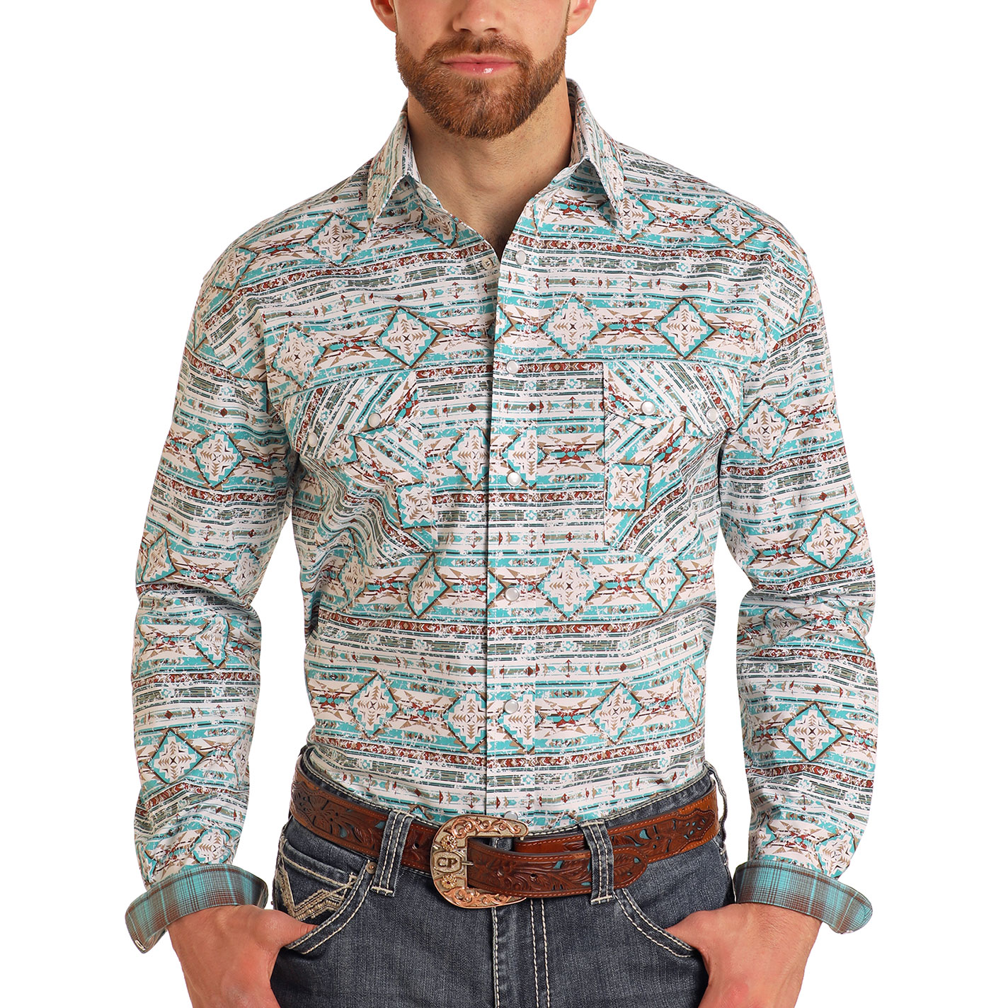 Panhandle Men's Rough Stock White & Turquoise Aztec Western Shirt - Image 1